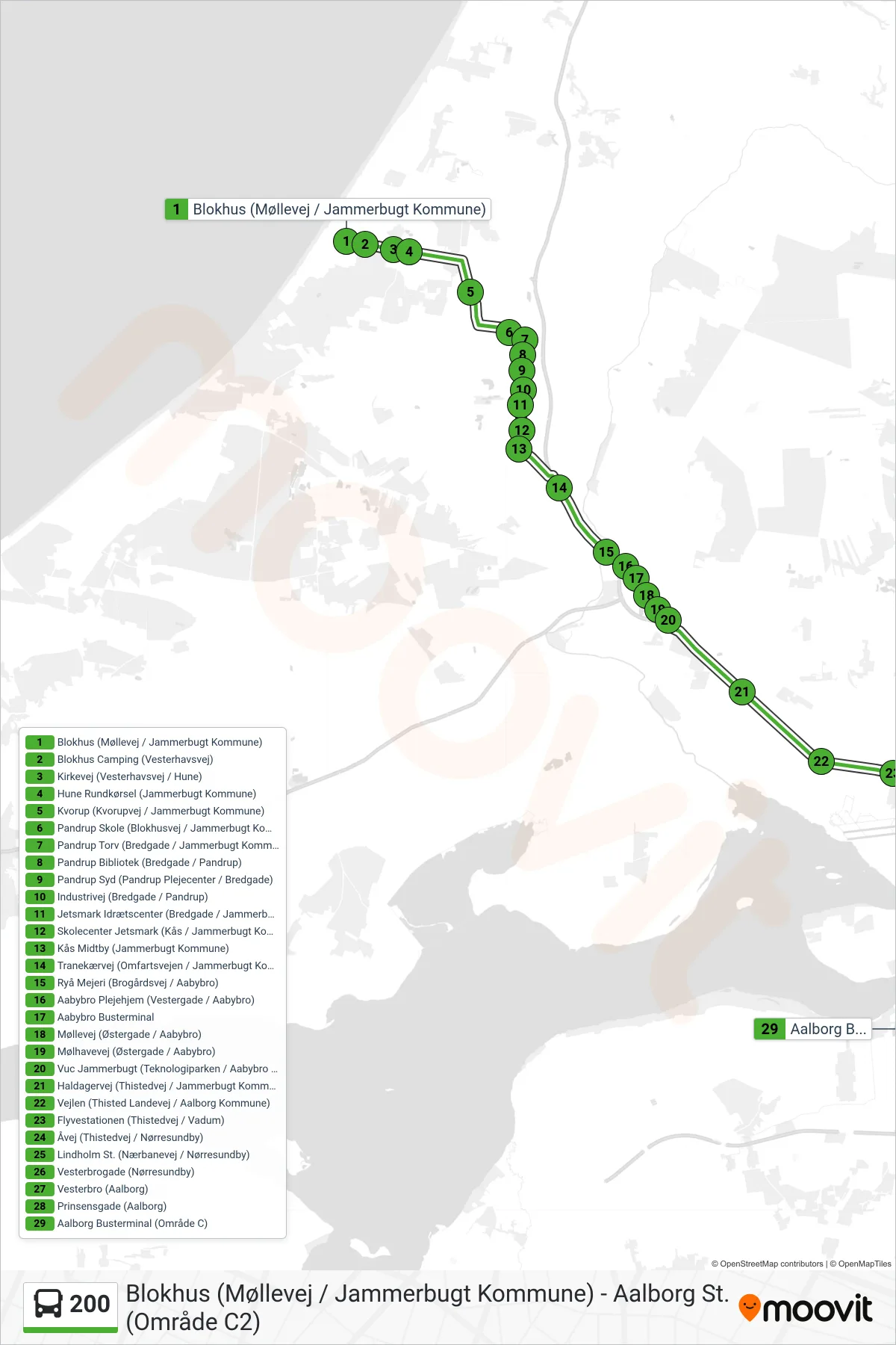200 bus Linje (Aalborg St.) rute og stop på et kort