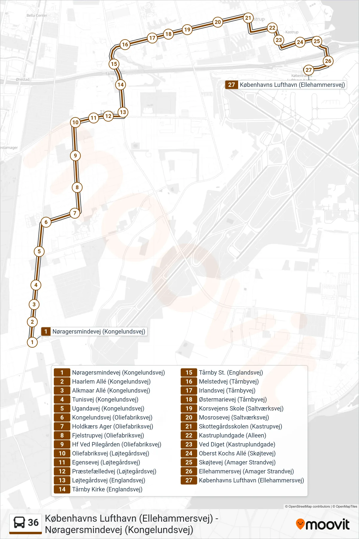 36 bus Line (Københavns Lufthavn) route and stops on a map