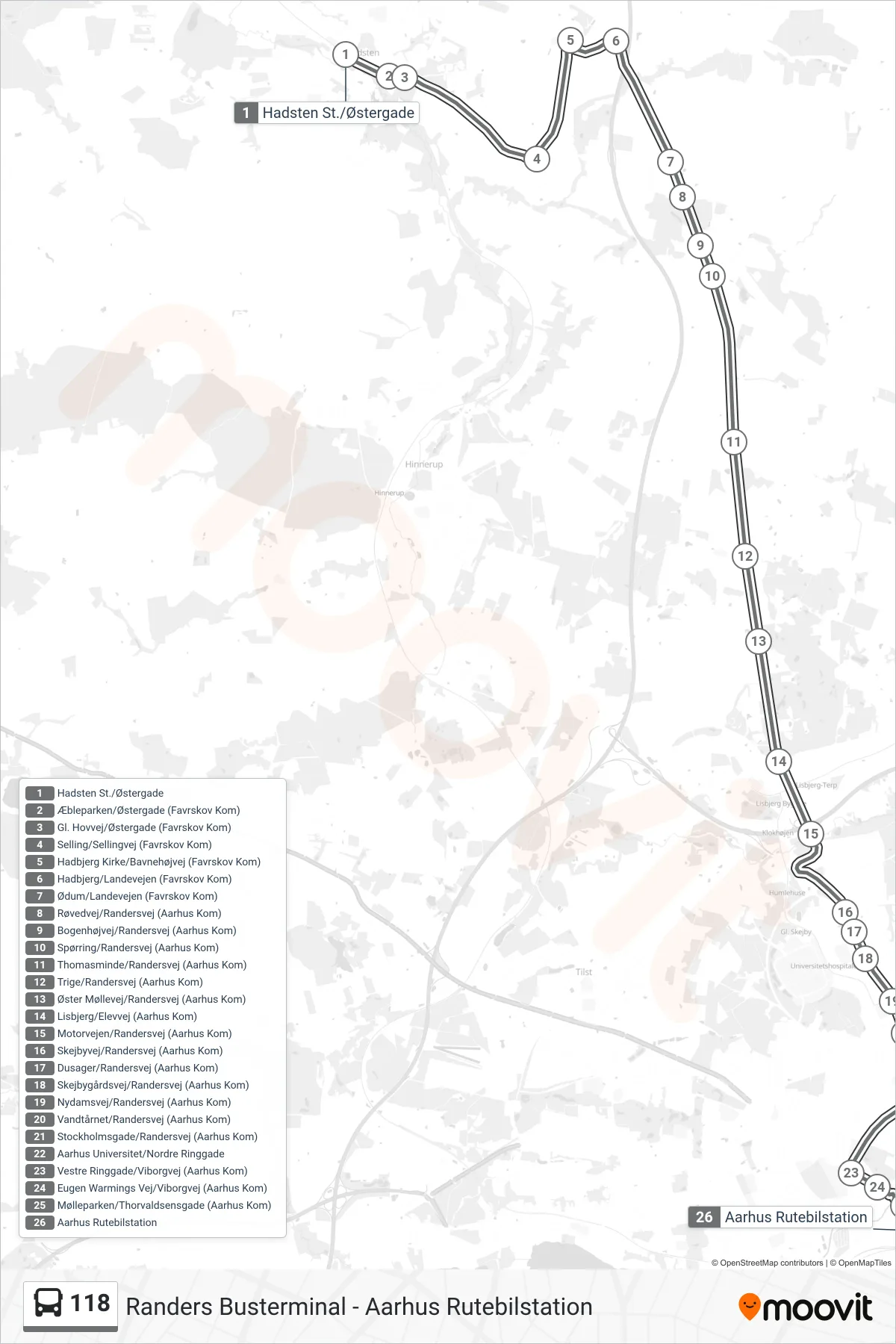 118 bus Linje (Aarhus) rute og stop på et kort