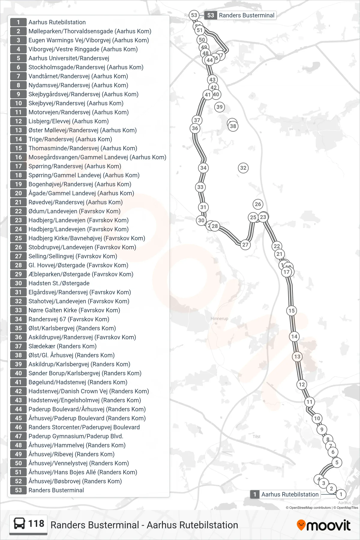 118 bus Linje (Randers Busterminal) rute og stop på et kort