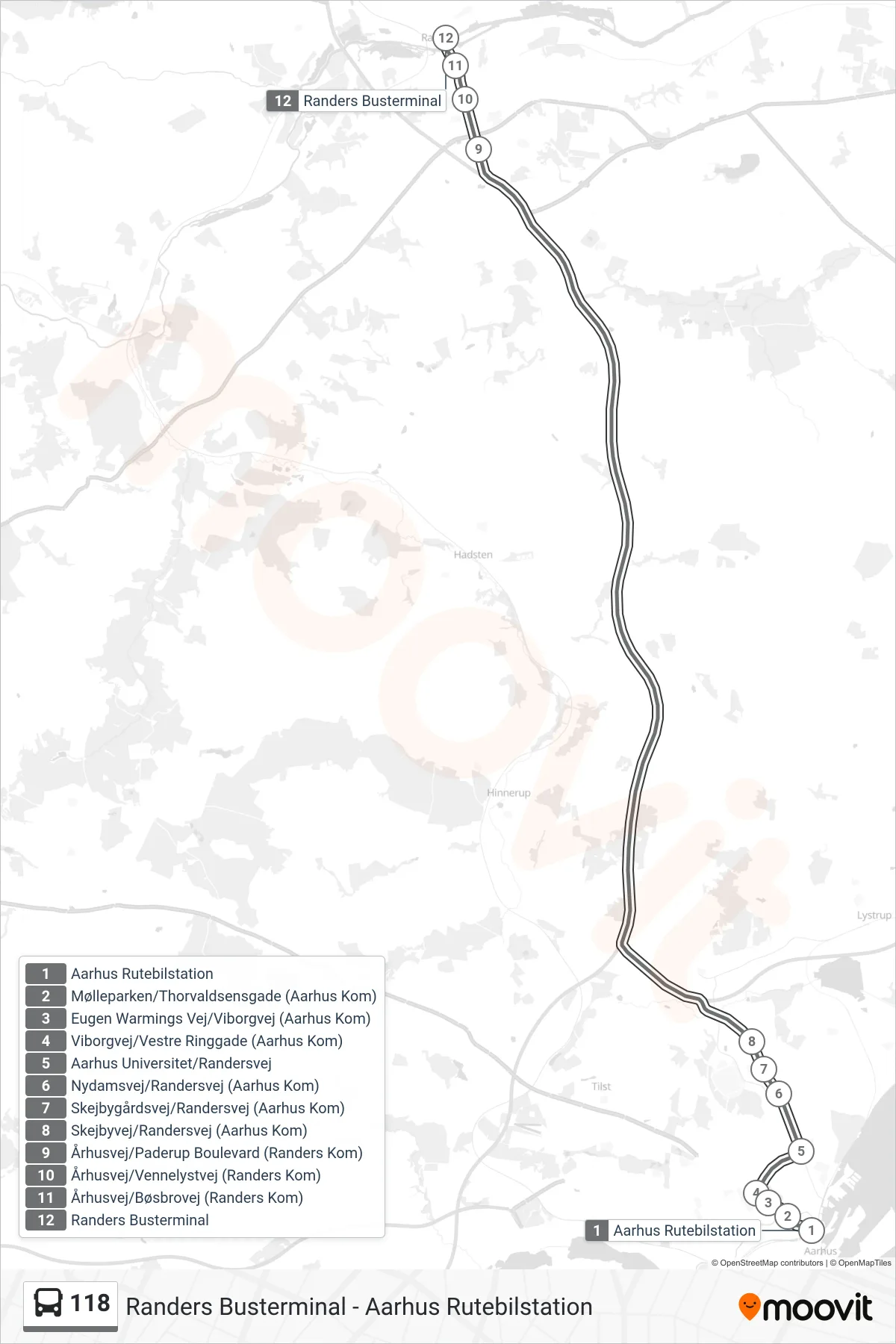 118 bus Linje (Randers (Lyntur)) rute og stop på et kort