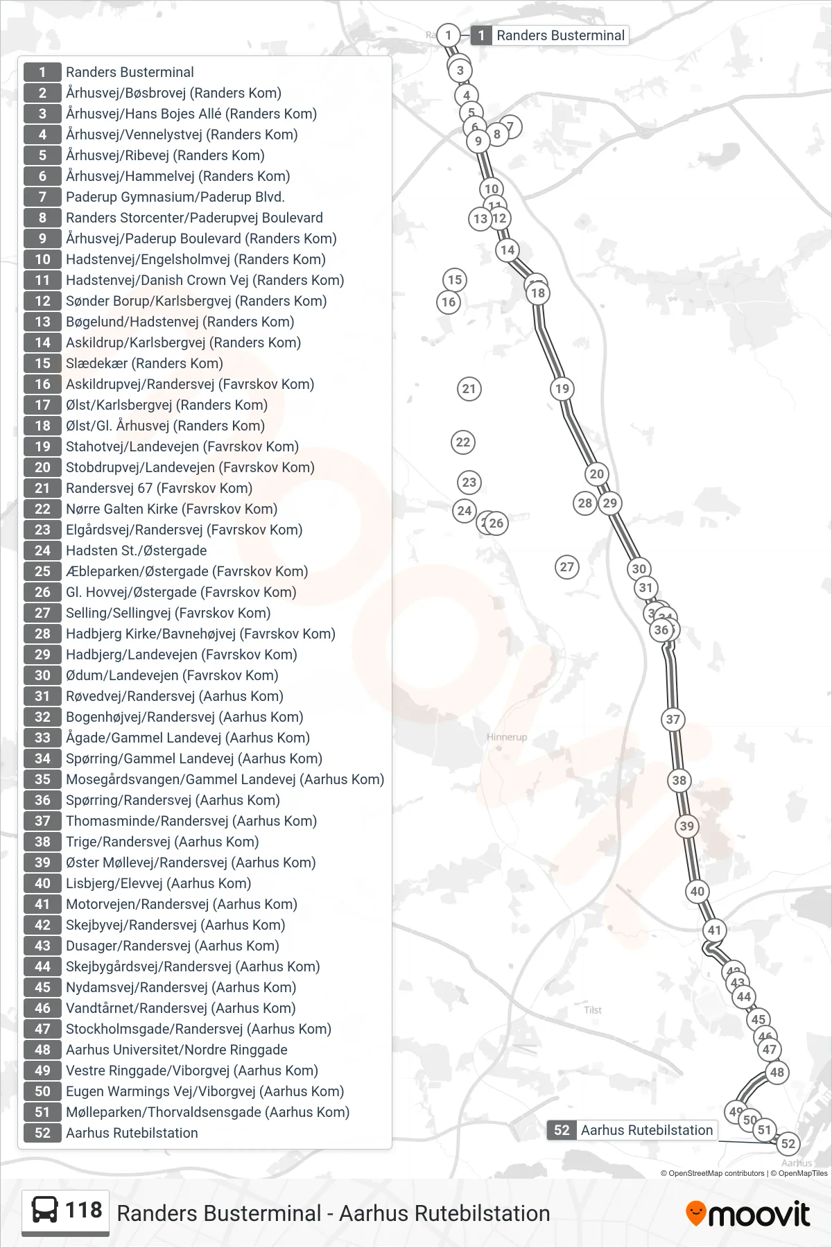 118 bus Linje (Aarhus Rutebilstation) rute og stop på et kort