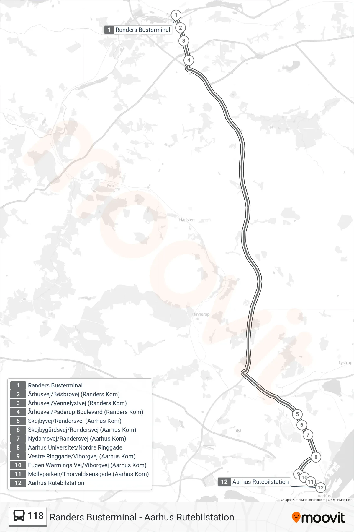118 bus Linje (Aarhus (Lyntur)) rute og stop på et kort