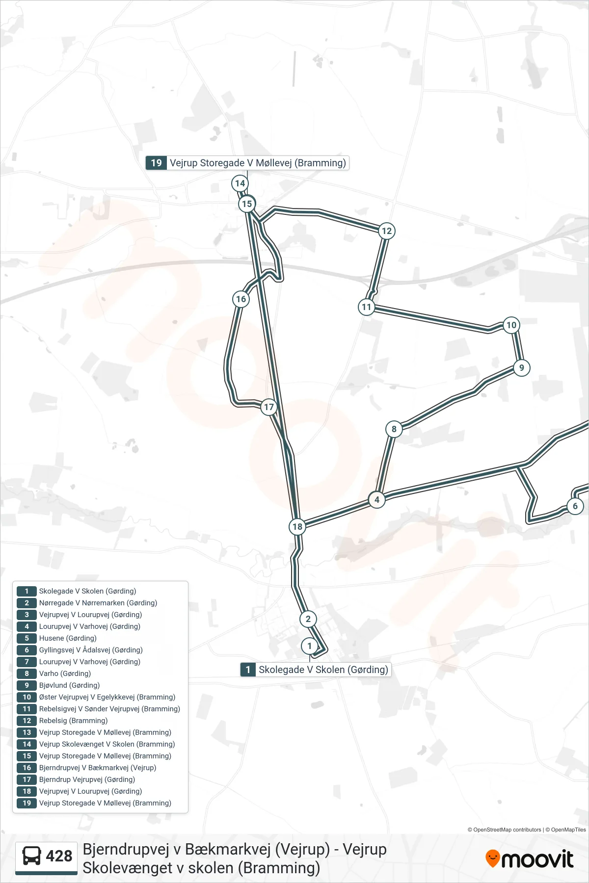 428 bus Linje (Vejrup Storegade V Møllevej (Bramming)) rute og stop på et kort