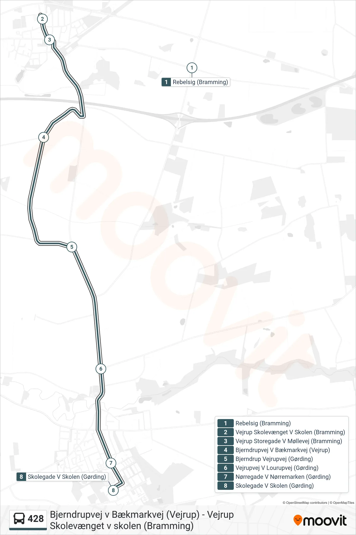 428 bus Linje (Skolegade V Skolen (Gørding)) rute og stop på et kort
