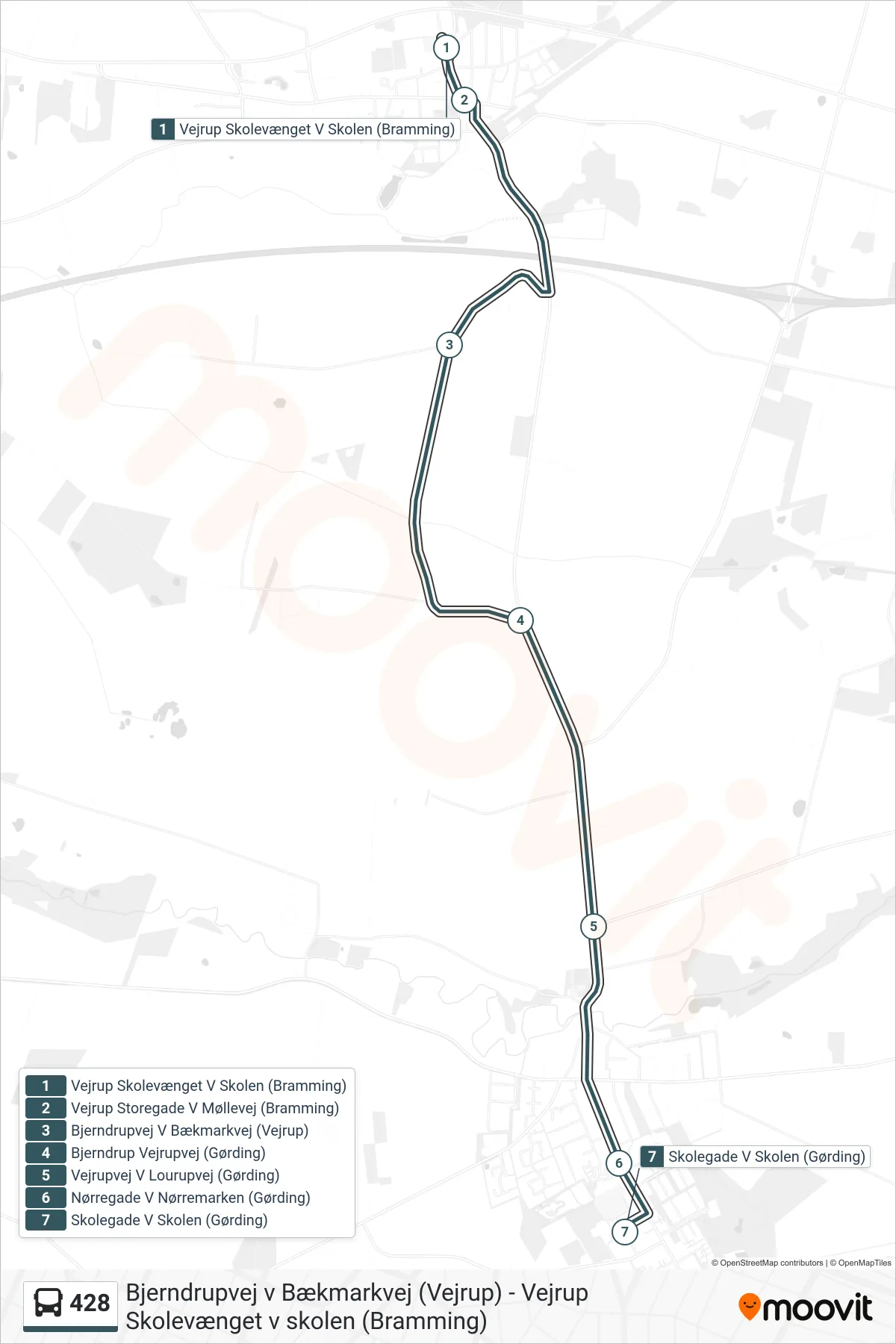 428 bus Linje (Skolegade V Skolen (Gørding)) rute og stop på et kort