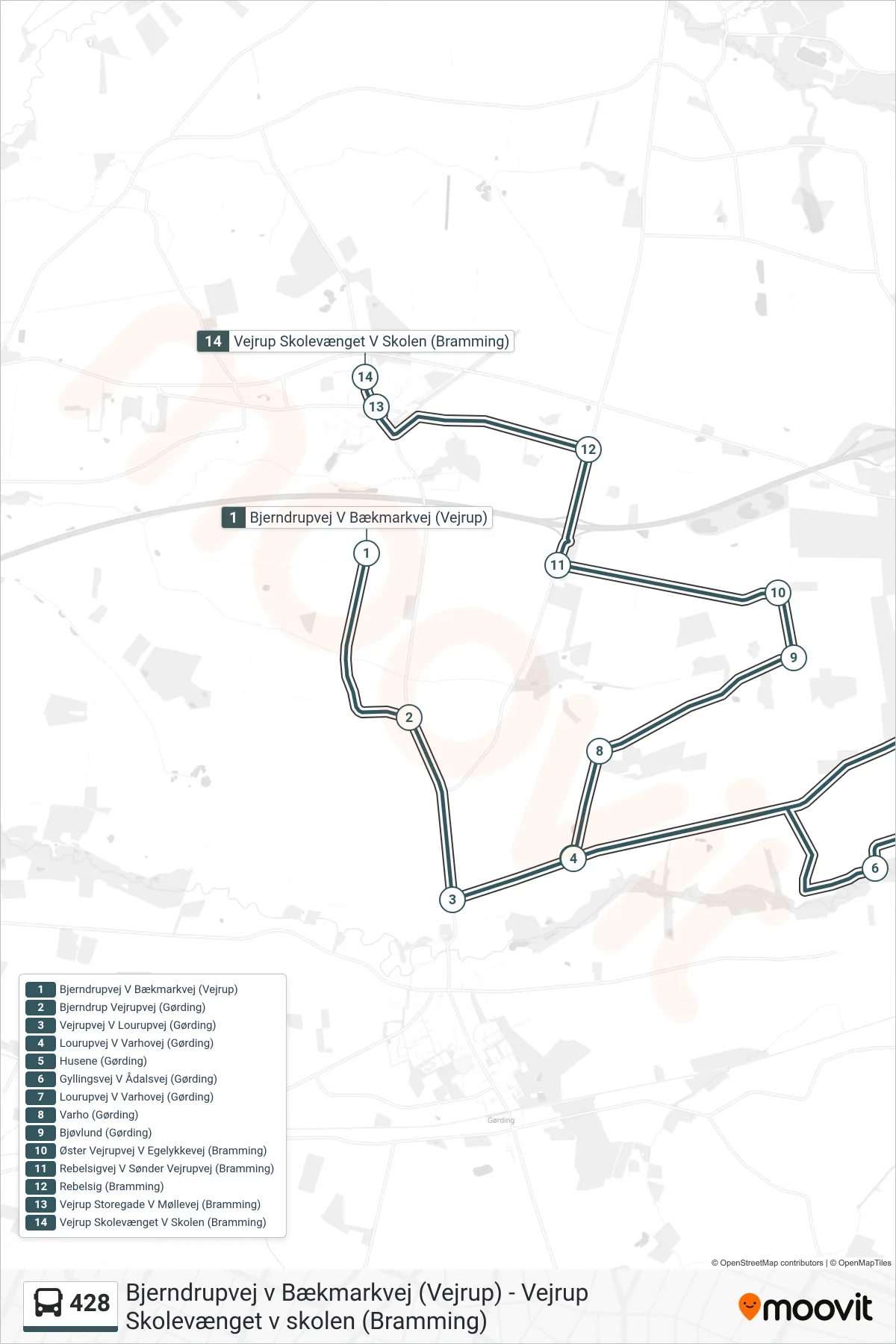 428 bus Linje (Vejrup Skolevænget V Skolen (Bramming)) rute og stop på et kort