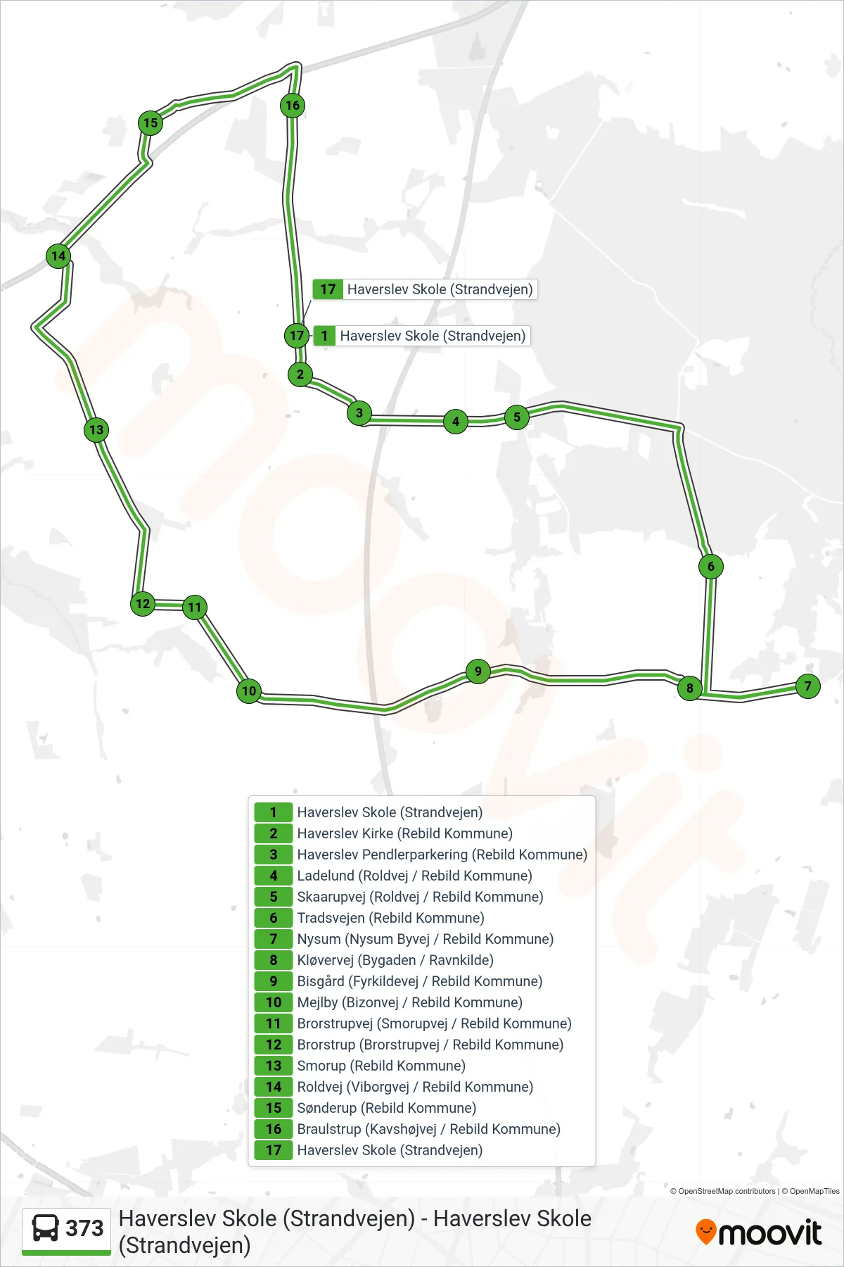373 bus Linje (Haverslev Skole (Strandvejen)) rute og stop på et kort