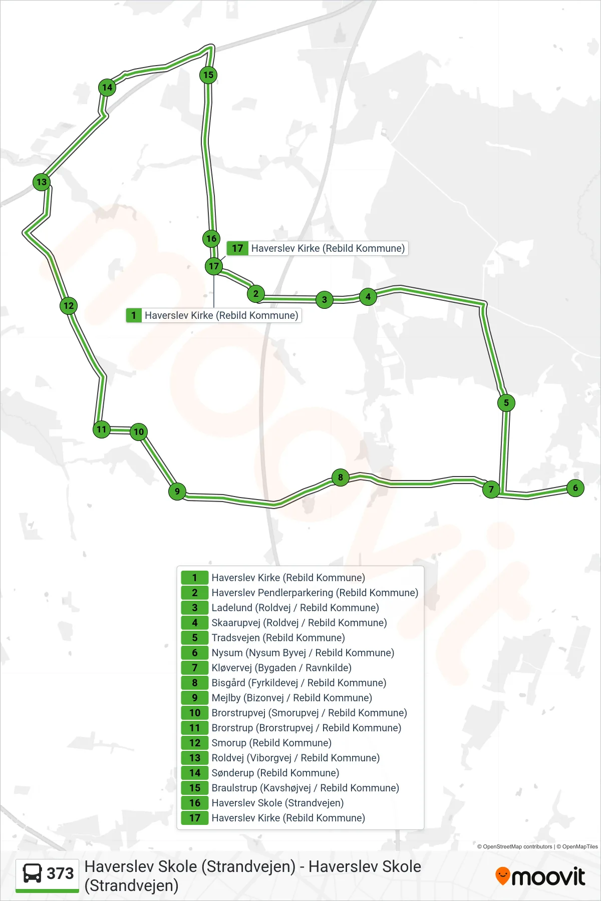 373 bus Linje (Haverslev Kirke (Rebild Kommune)) rute og stop på et kort