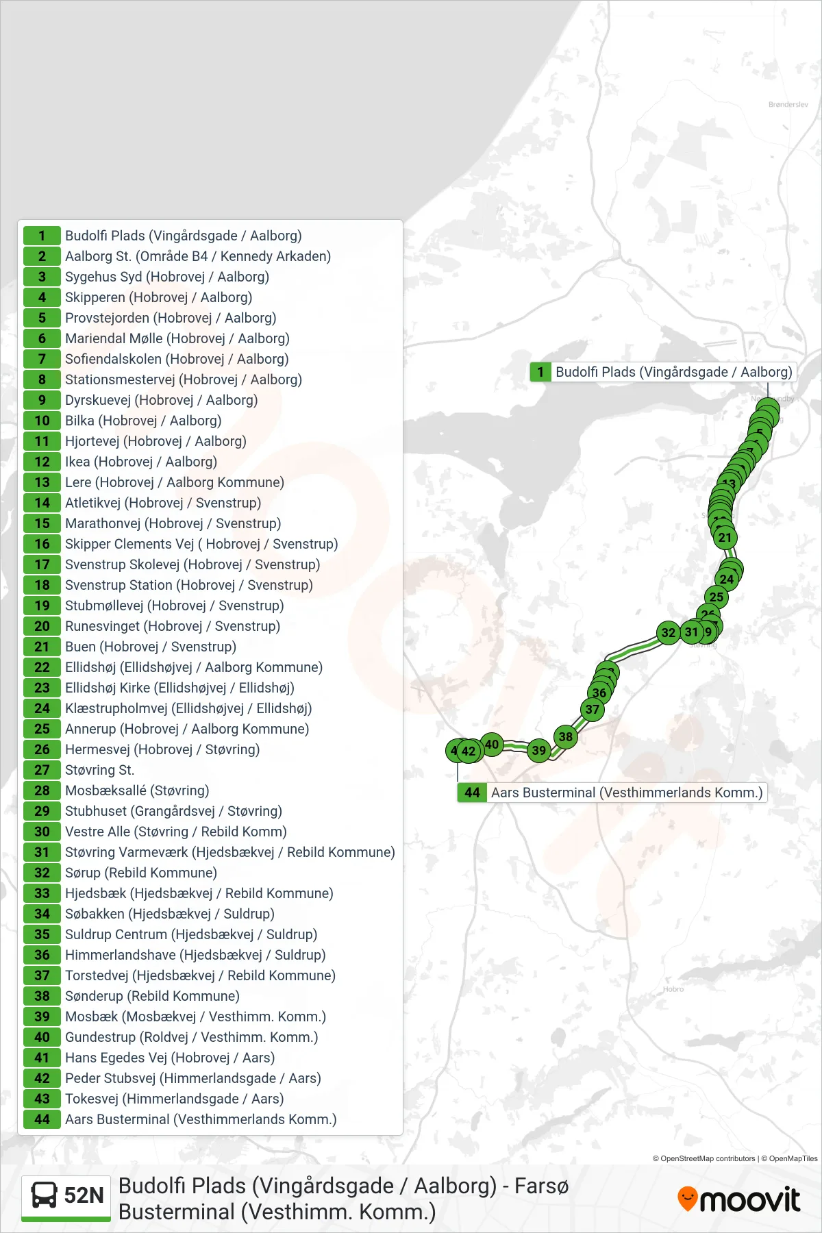 52N bus Linje (Aars Busterminal) rute og stop på et kort