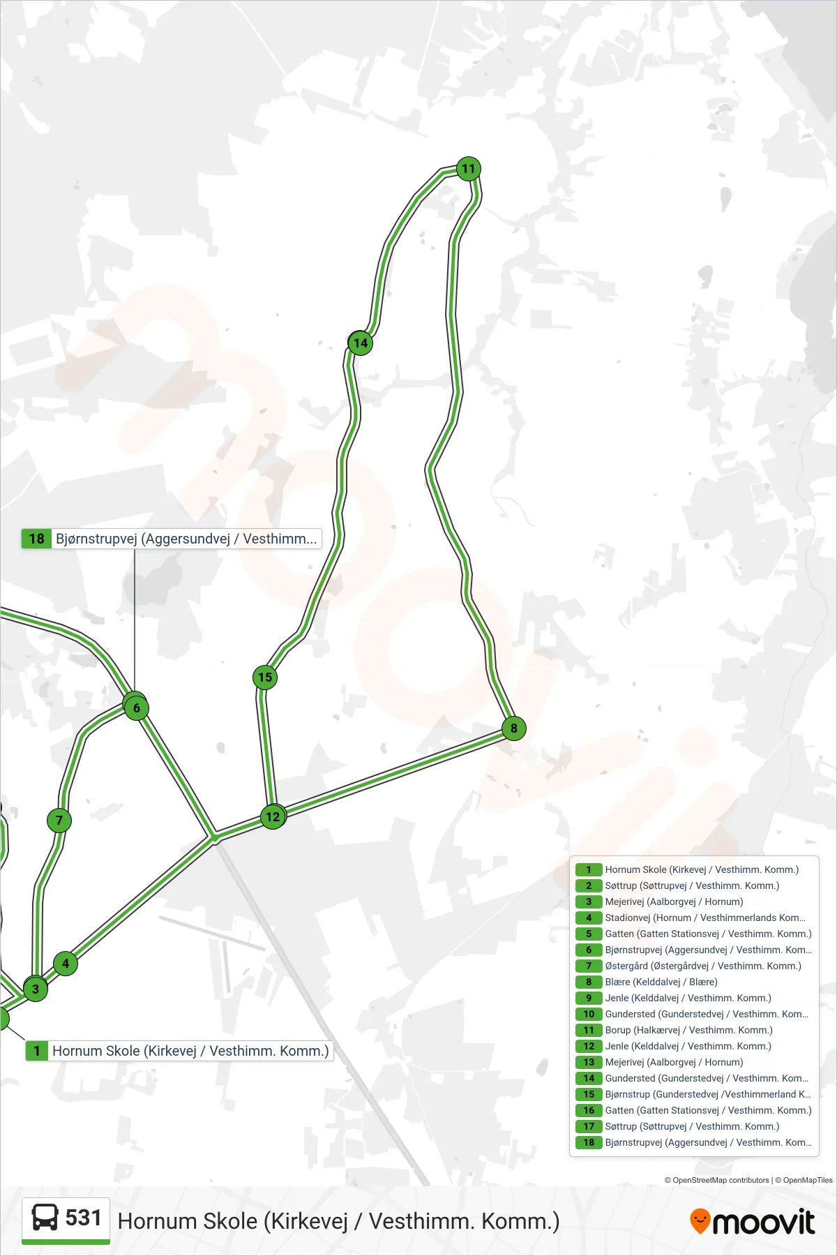 531 bus Linje (Hornum Skole (Kirkevej / Vesthimm. Komm.)) rute og stop på et kort