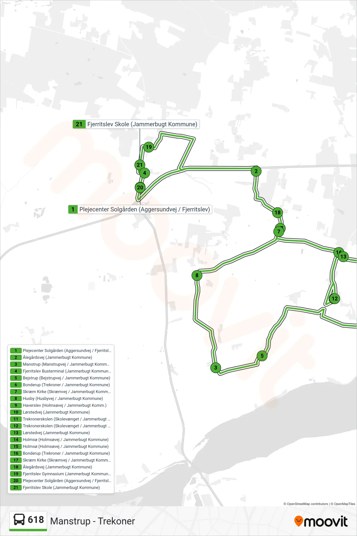 618 bus Linje (Manstrup - Trekoner) rute og stop på et kort