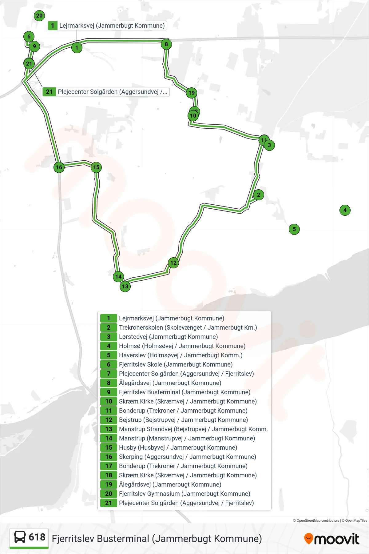 618 bus Line (Fjerritslev Busterminal (Jammerbugt Kommune)) route and stops on a map