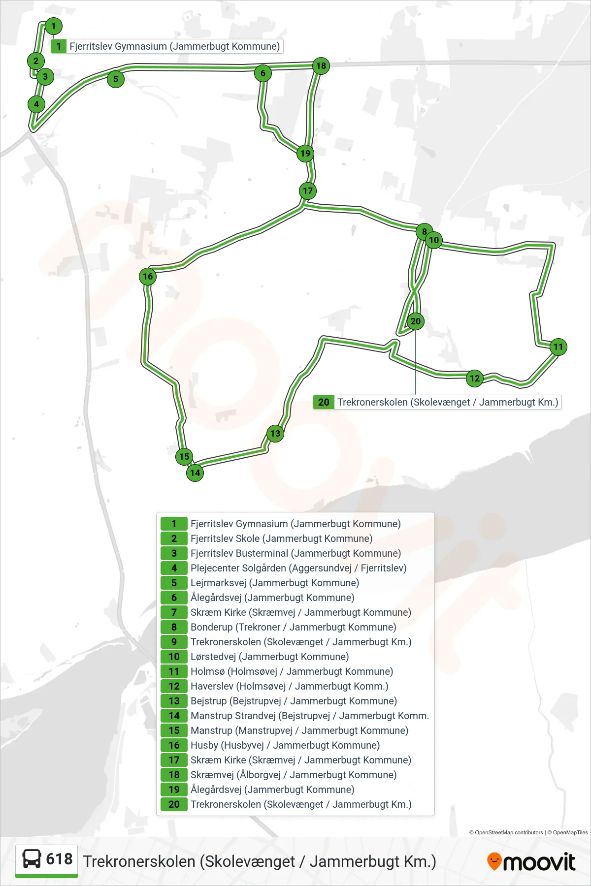 618 bus Linje (Trekronerskolen (Skolevænget / Jammerbugt Km.)) rute og stop på et kort