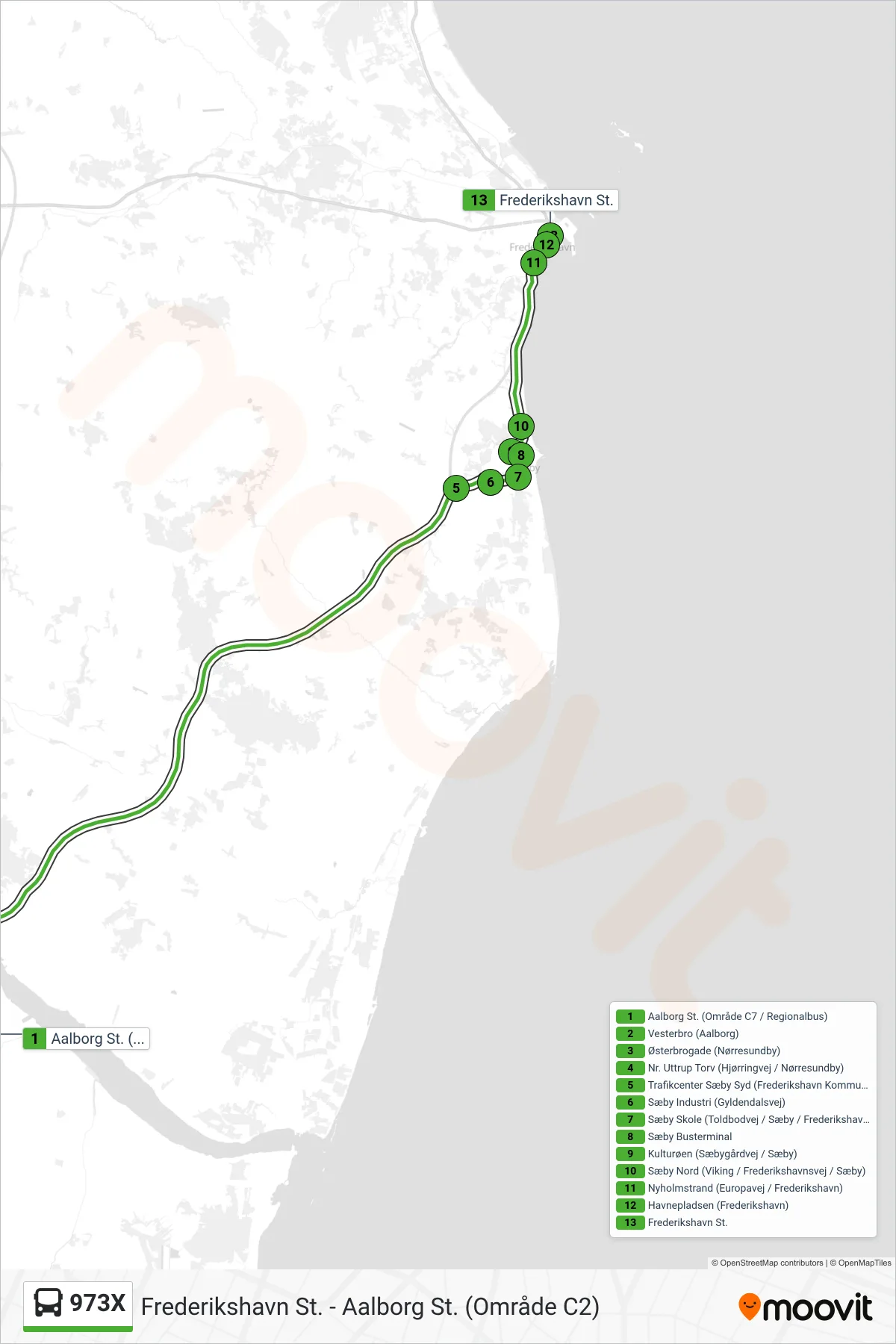 973X bus Linje (Frederikshavn St.) rute og stop på et kort