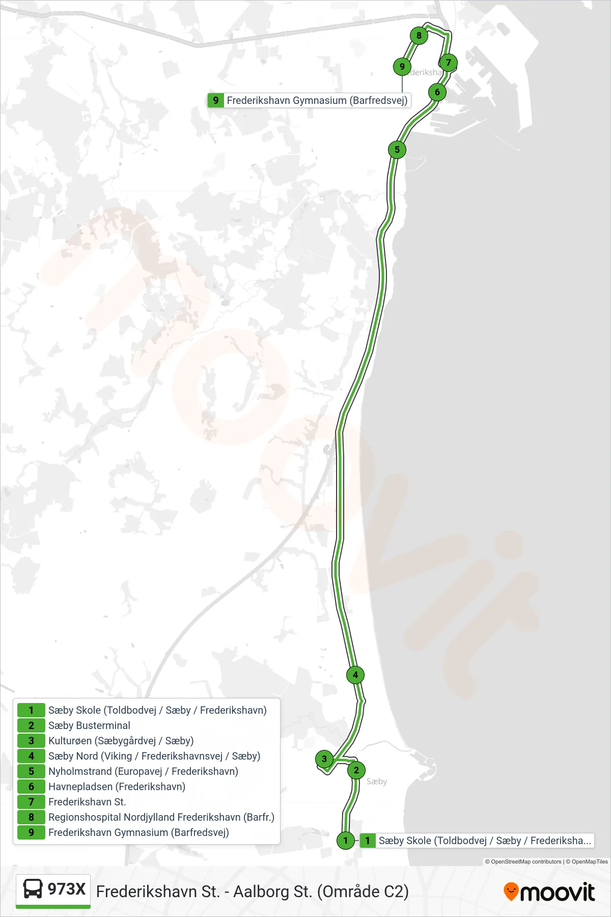 973X bus Linje (Frederikshavn Gymnasium) rute og stop på et kort