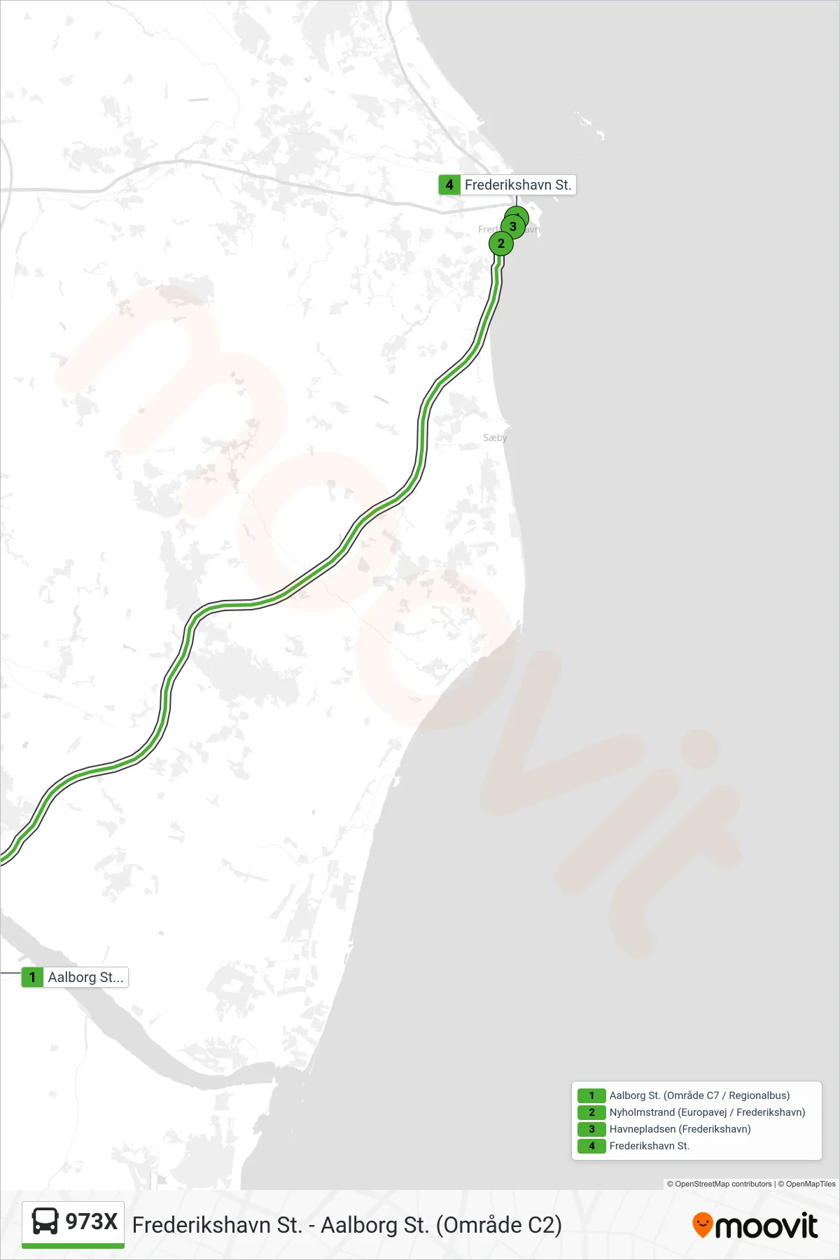 973X bus Linje (Frederikshavn St. Direkte) rute og stop på et kort