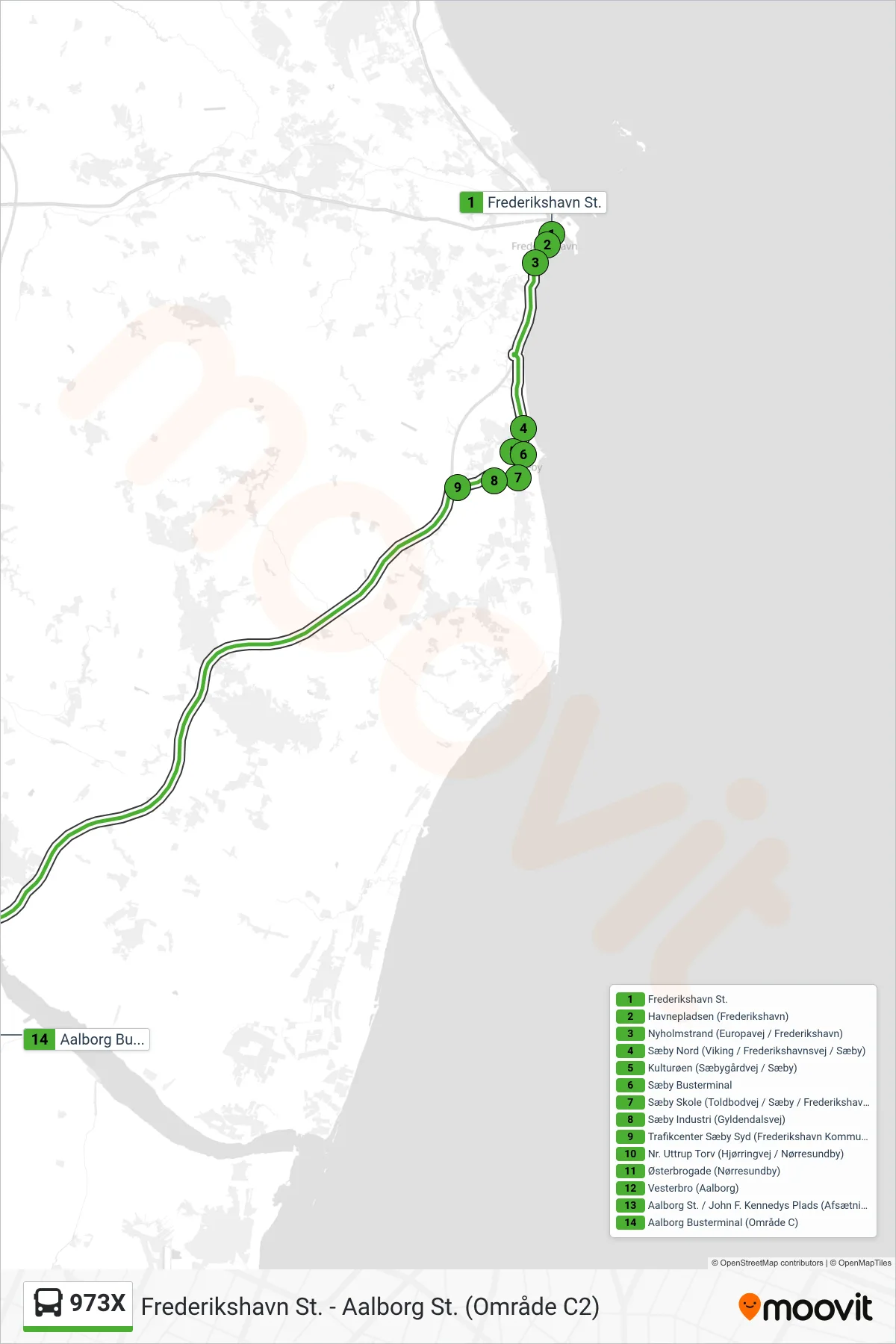 973X bus Linje (Aalborg St.) rute og stop på et kort