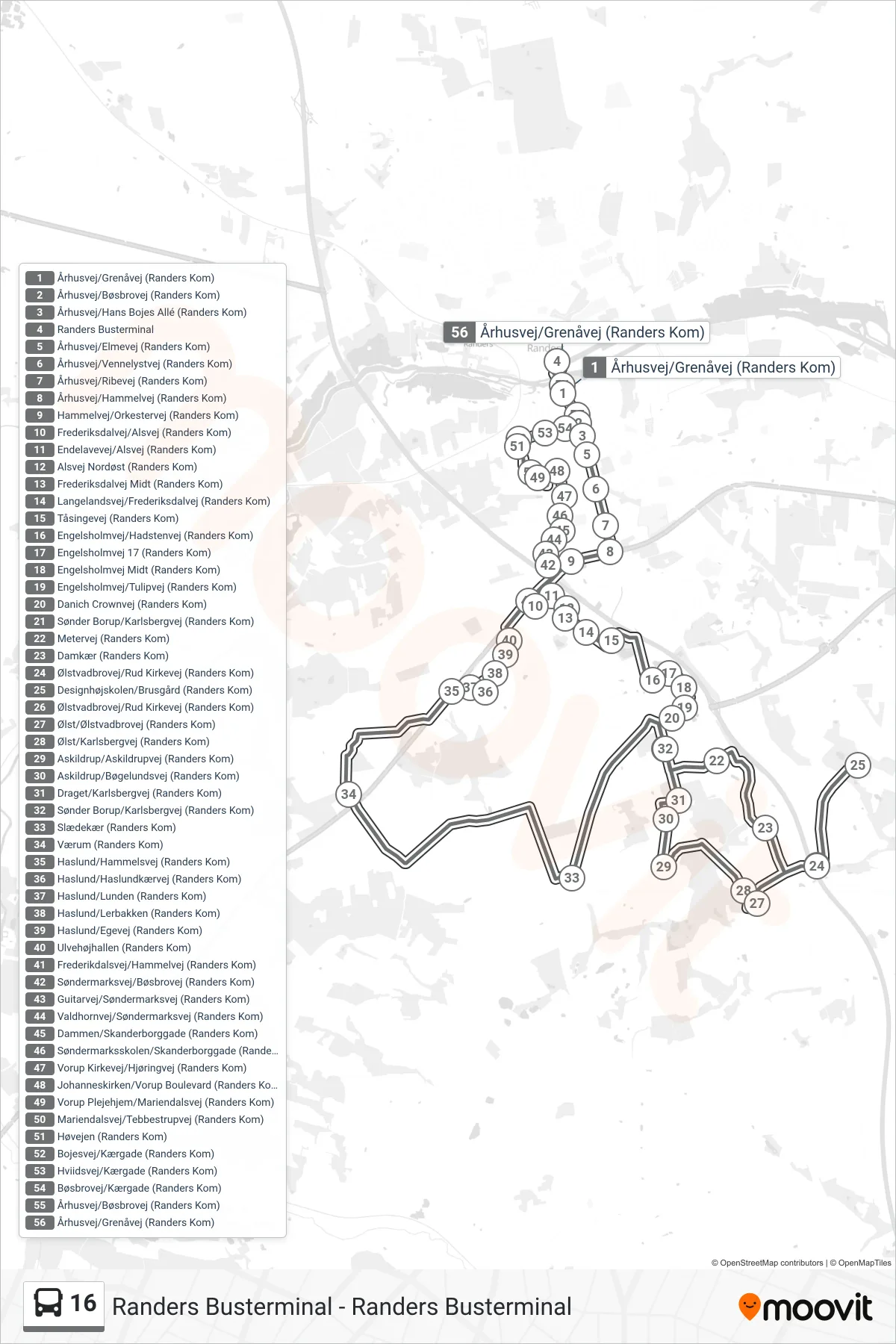 16 bus Linje (Randers Busterminal) rute og stop på et kort