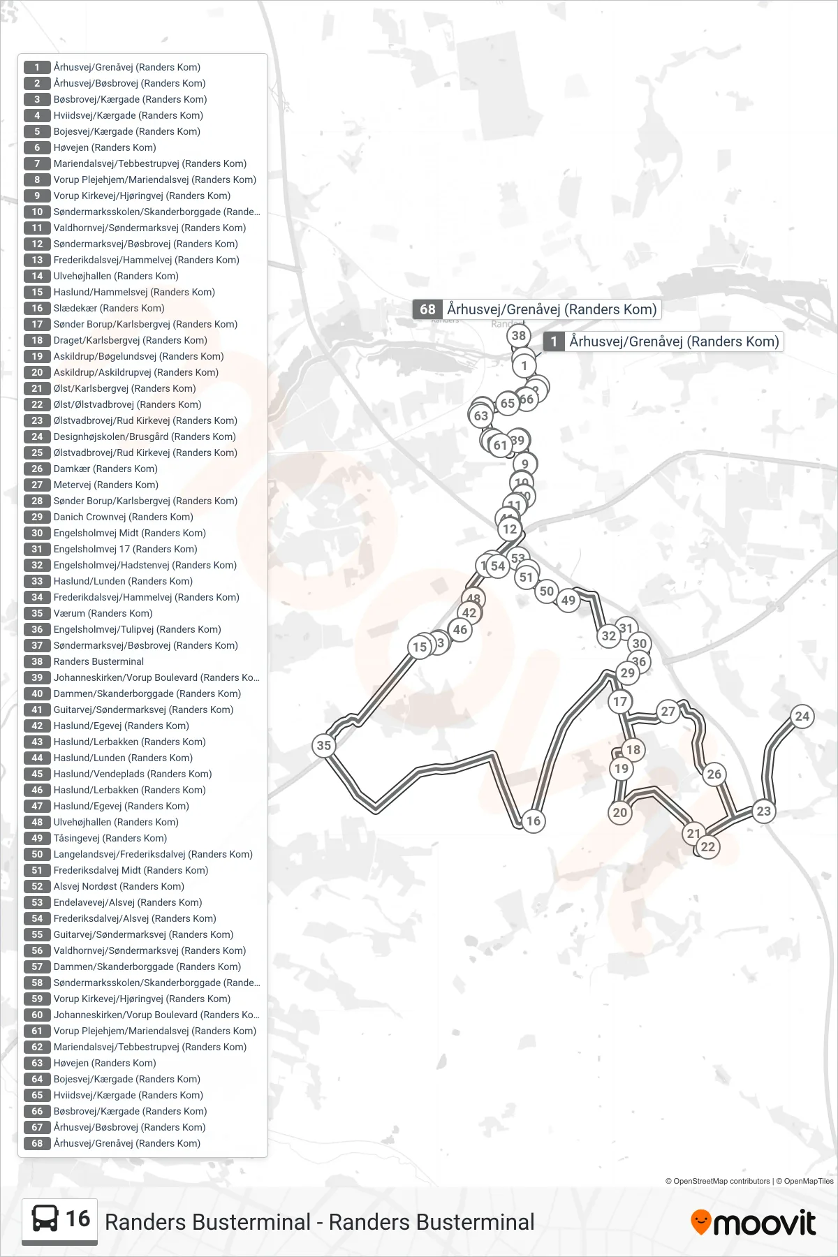 16 bus Linje (Randers Busterminal) rute og stop på et kort