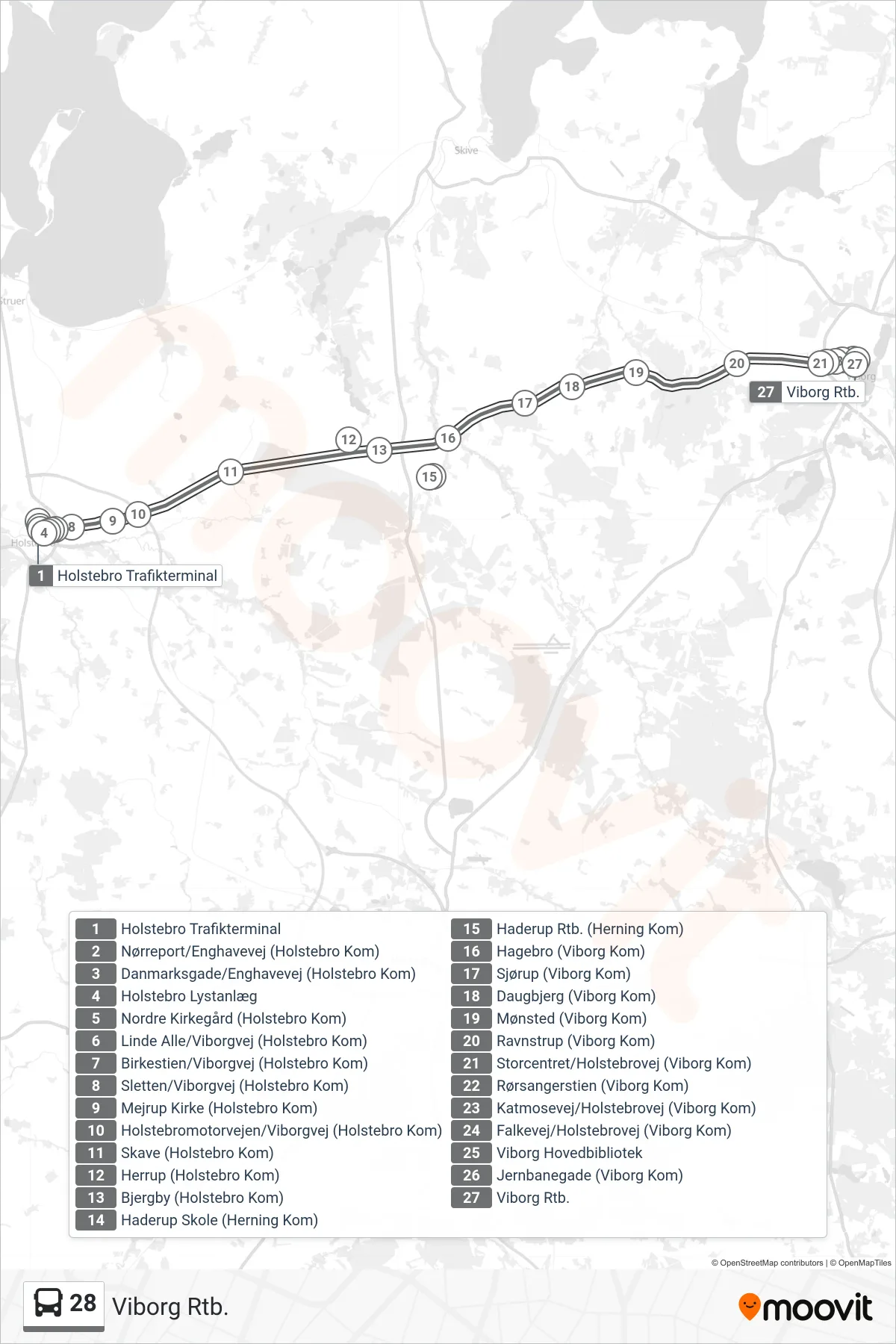 28 bus Linje (Viborg Rtb.) rute og stop på et kort