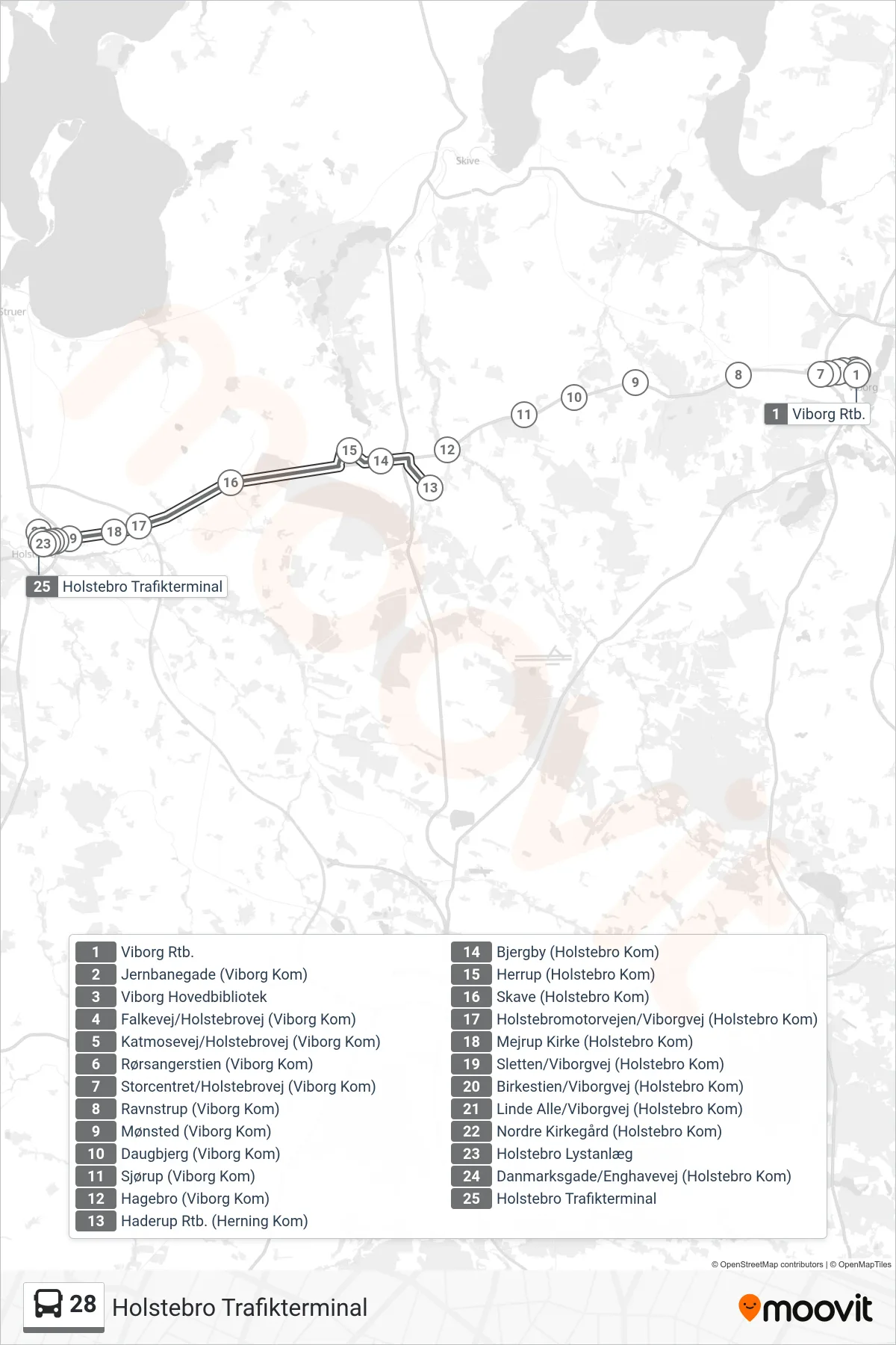 28 bus Linje (Holstebro Trafikterminal) rute og stop på et kort