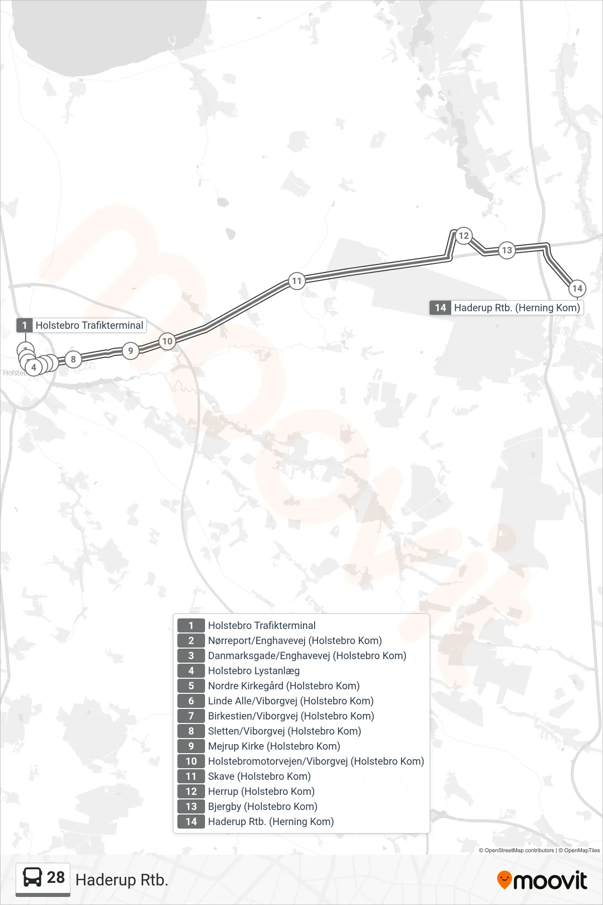 28 bus Linje (Haderup Rtb.) rute og stop på et kort