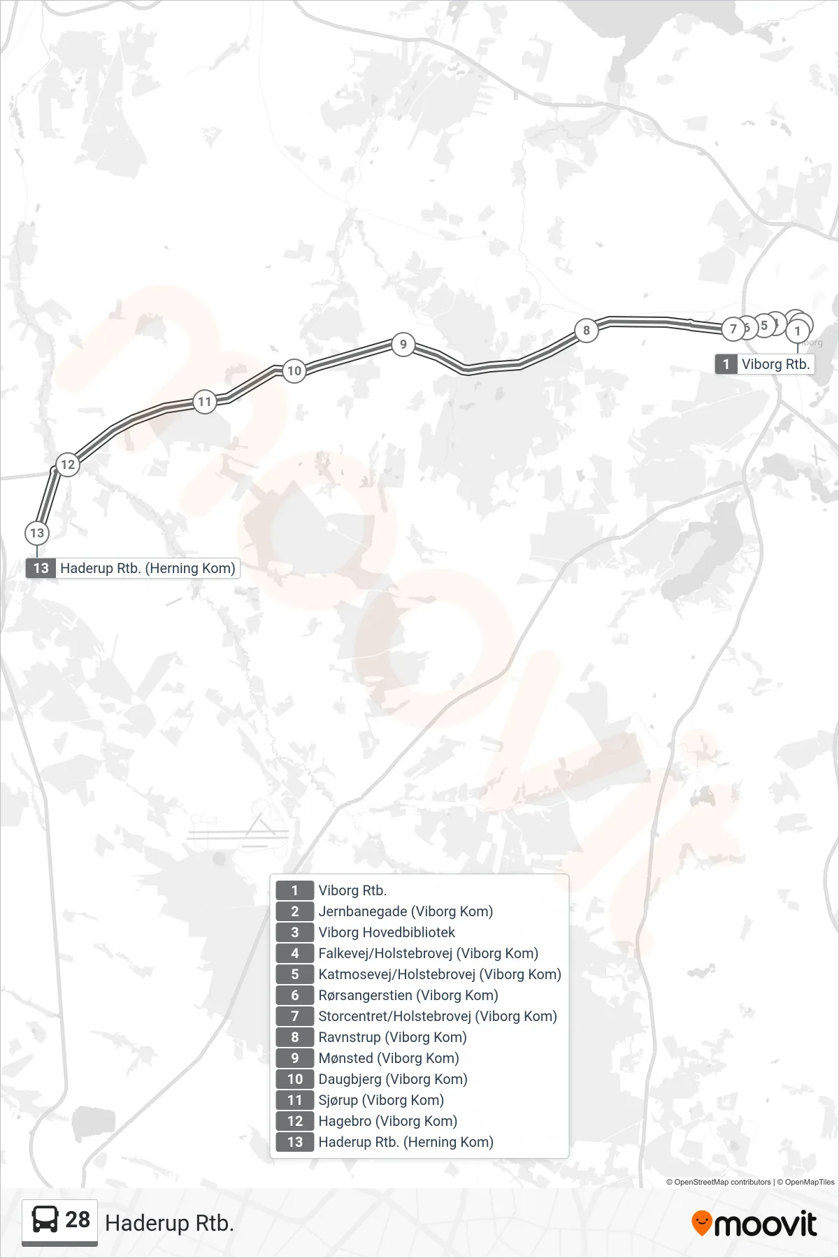28 bus Line (Haderup Rtb.) route and stops on a map