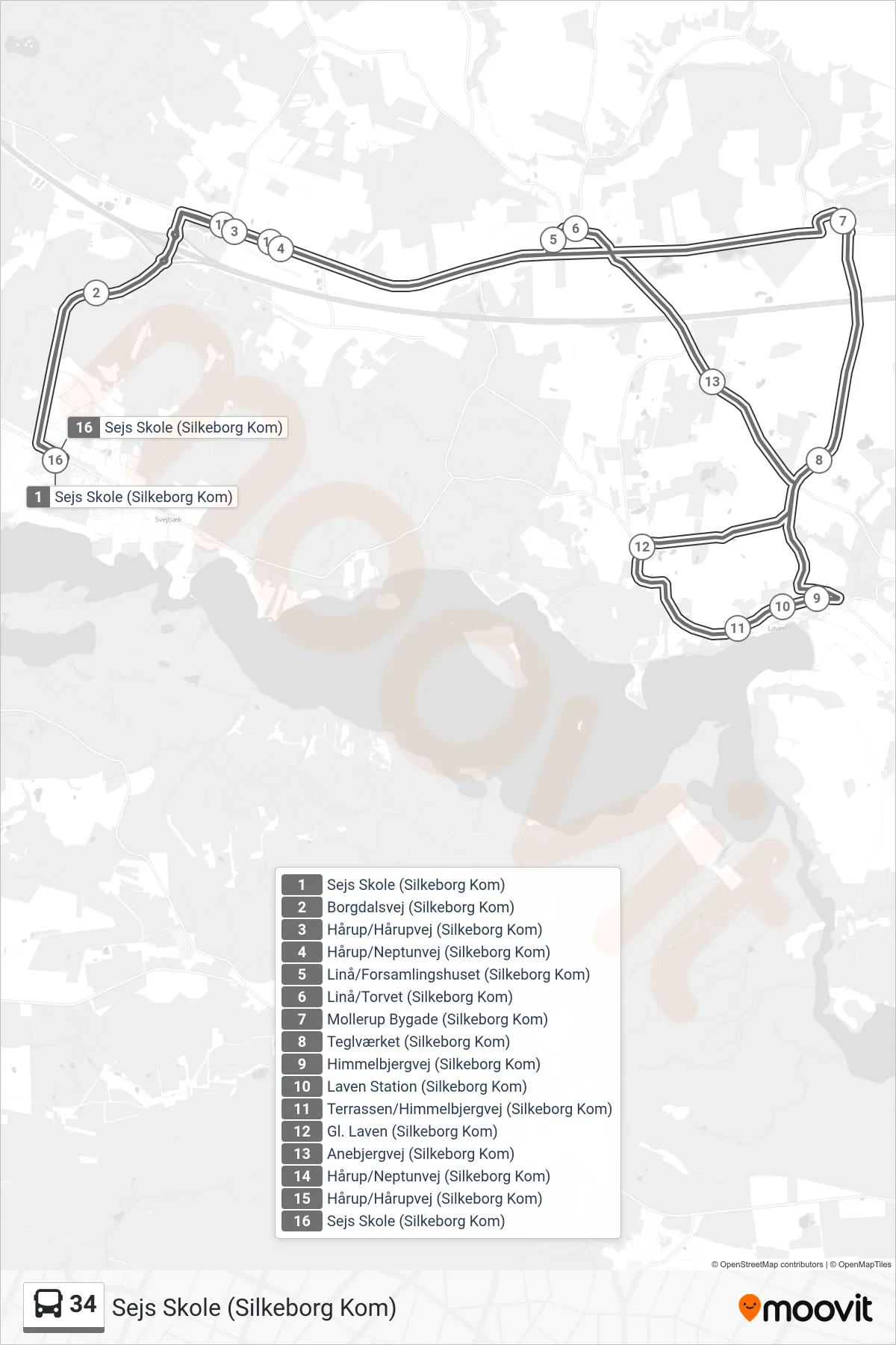 34 bus Linje (Sejs Skole (Silkeborg Kom)) rute og stop på et kort