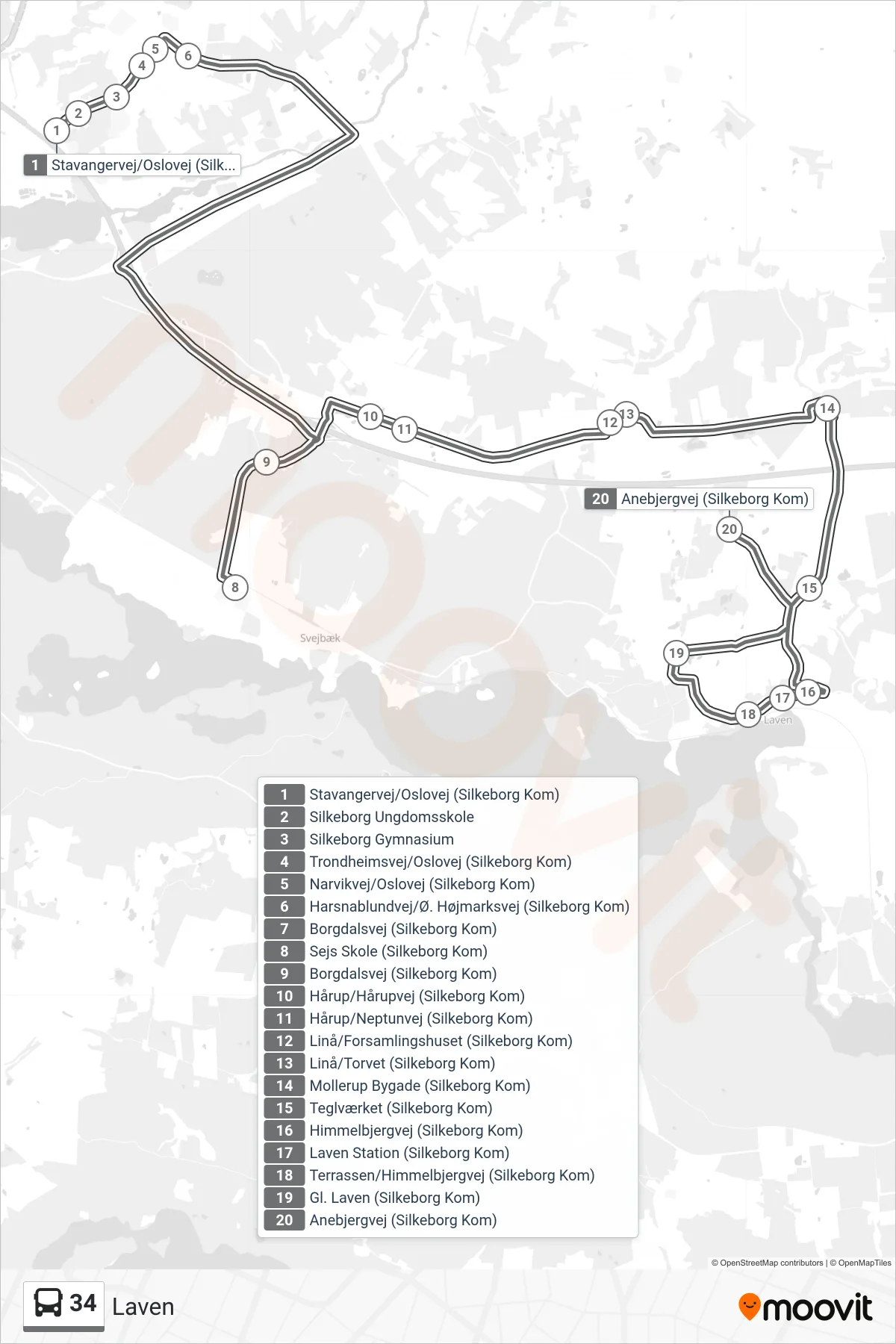 34 bus Linje (Laven) rute og stop på et kort