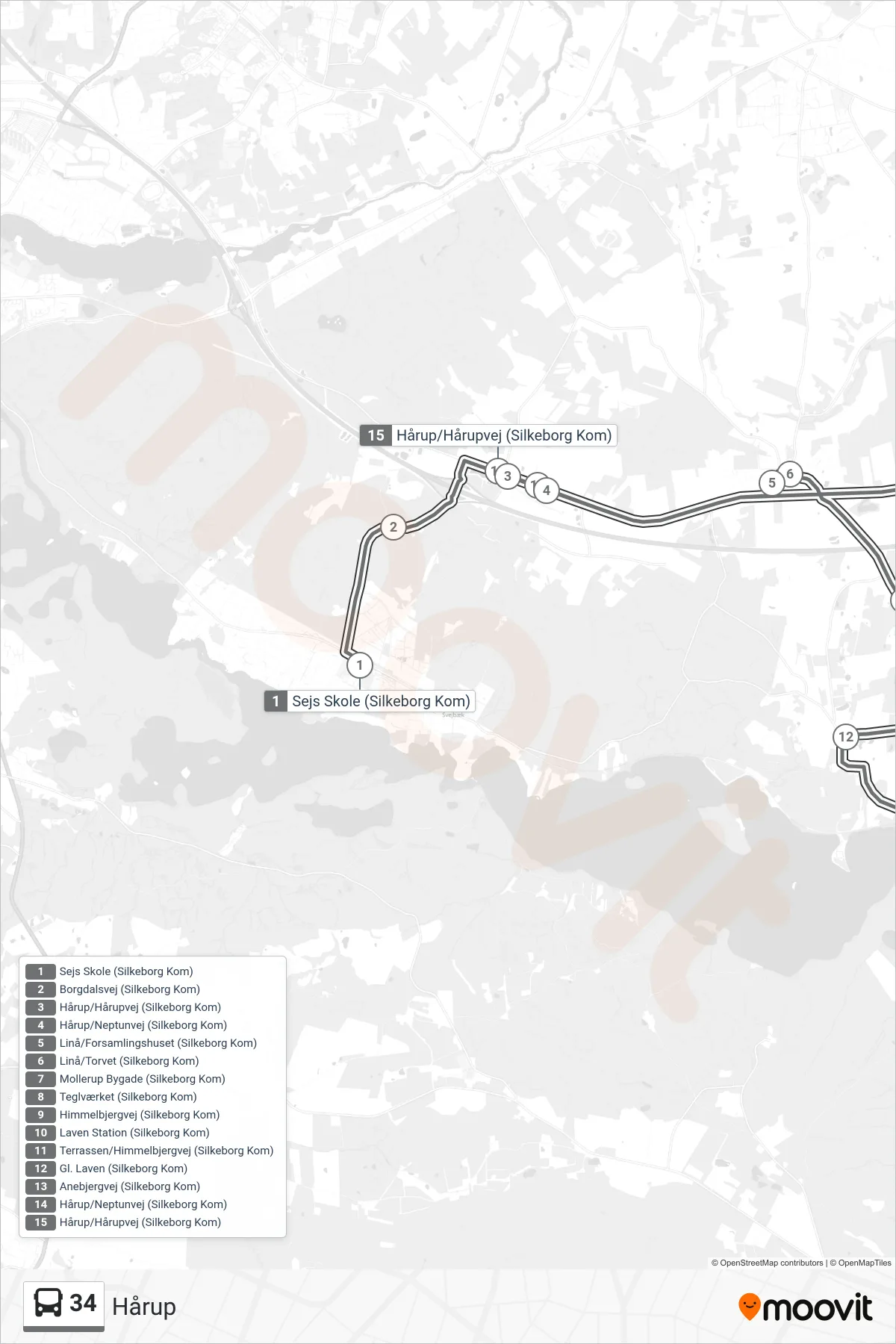 34 bus Line (Hårup) route and stops on a map