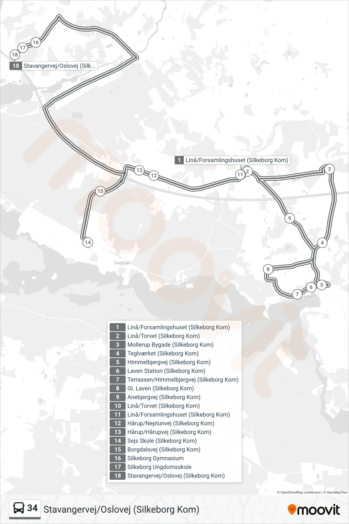 34 bus Linje (Stavangervej/Oslovej (Silkeborg Kom)) rute og stop på et kort