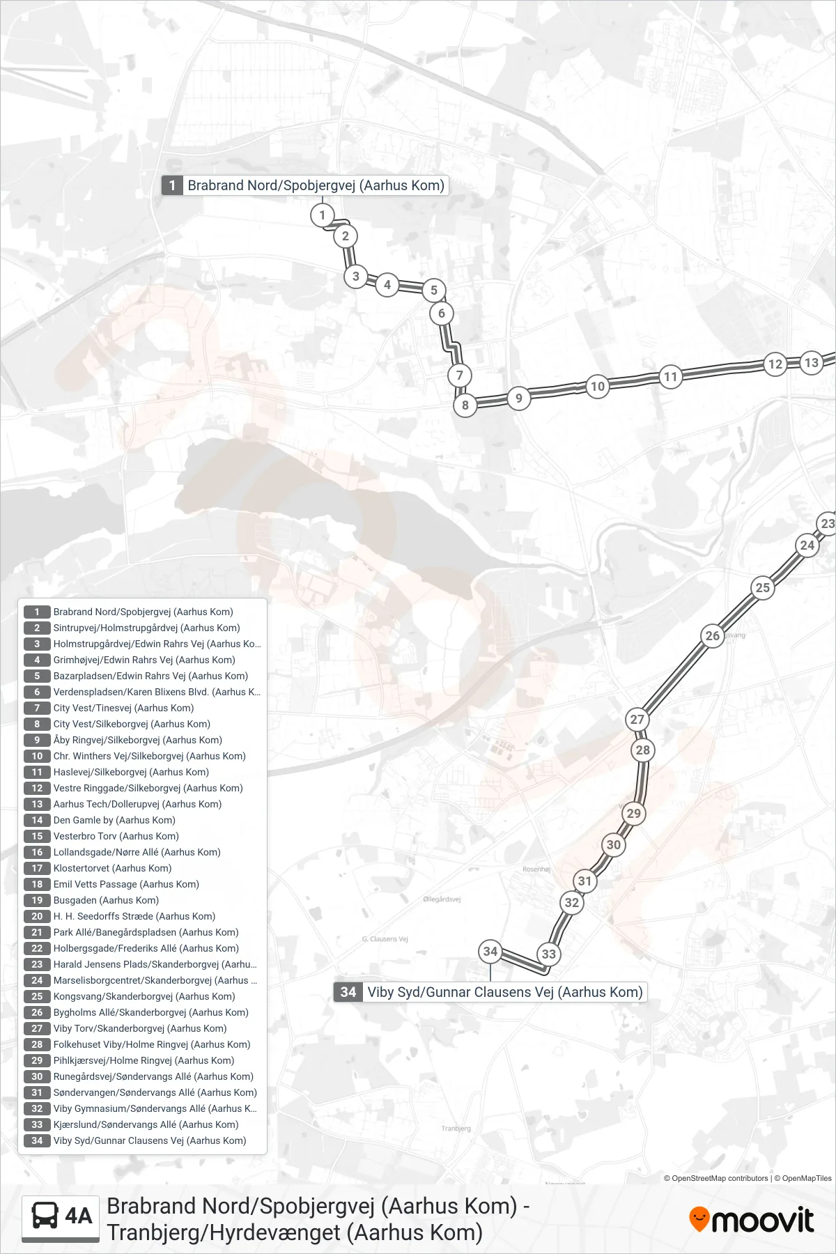 4A bus Linje (Viby Syd) rute og stop på et kort