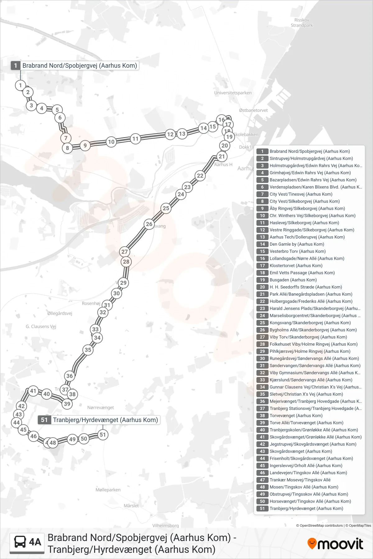 4A bus Linje (Tranbjerg) rute og stop på et kort