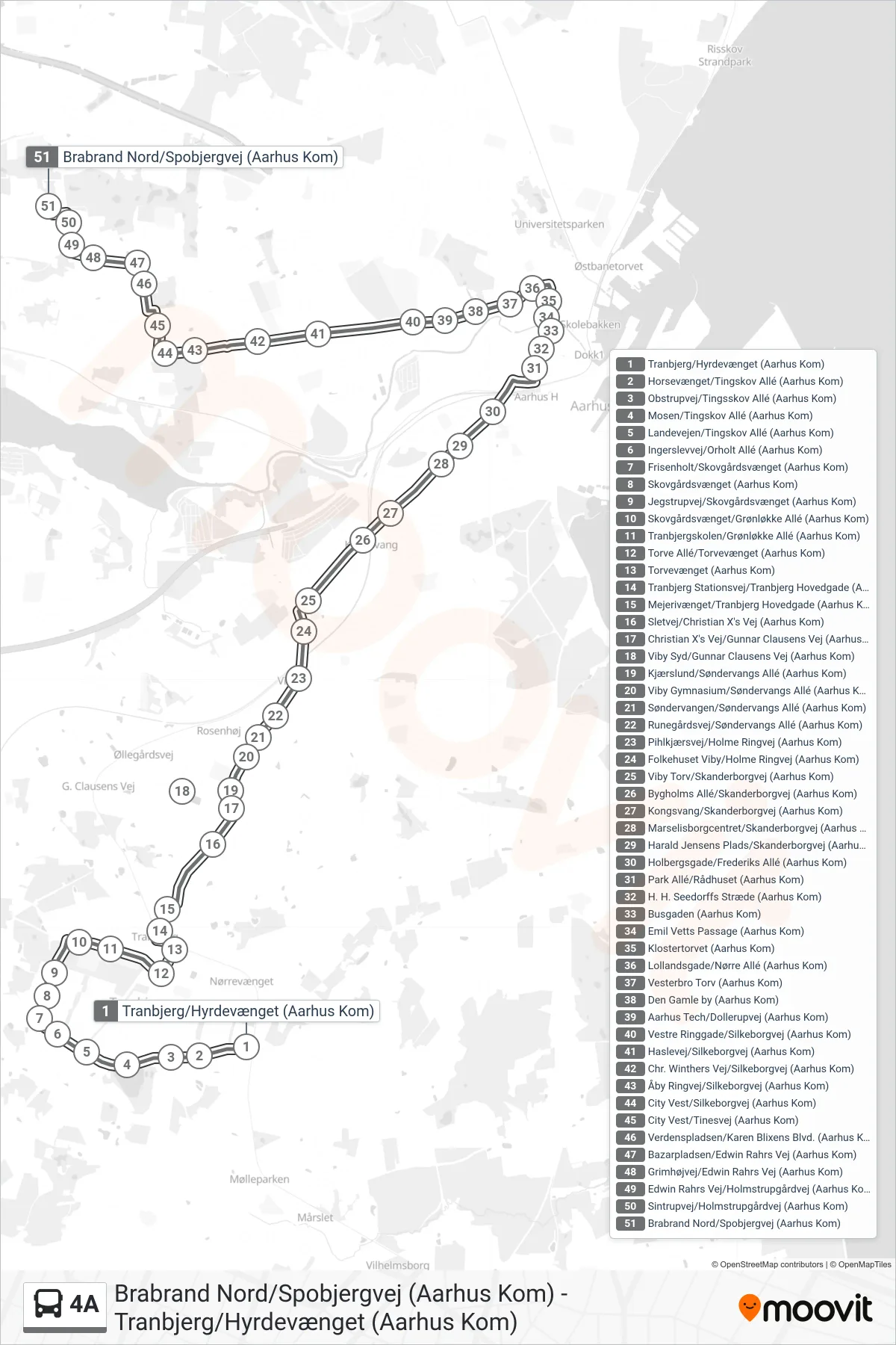 4A bus Linje (Brabrand Nord) rute og stop på et kort