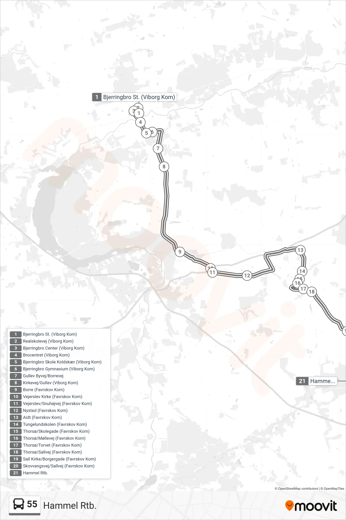 55 bus Linje (Hammel Rtb.) rute og stop på et kort
