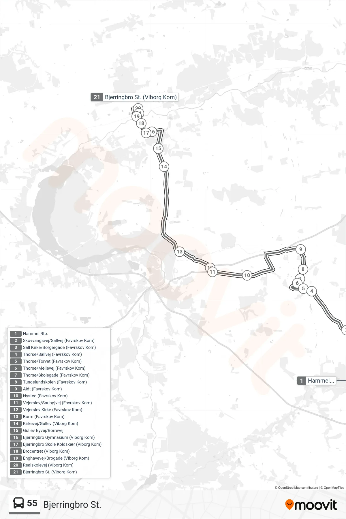 55 bus Linje (Bjerringbro St.) rute og stop på et kort