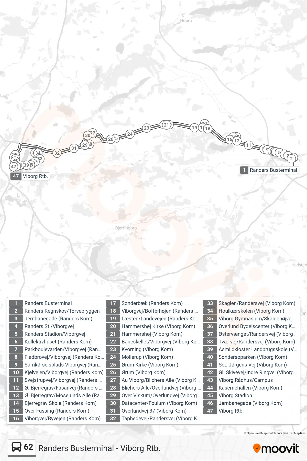 62 bus Linje (Viborg Rtb.) rute og stop på et kort