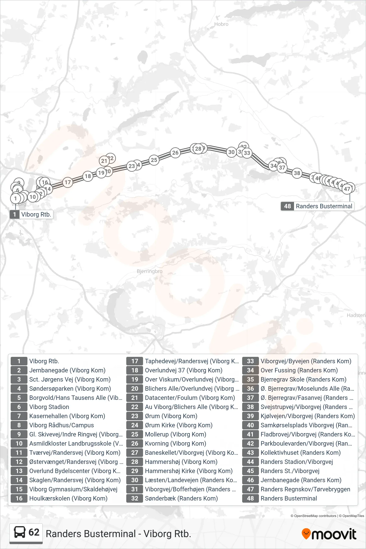 62 bus Linje (Randers Busterminal) rute og stop på et kort