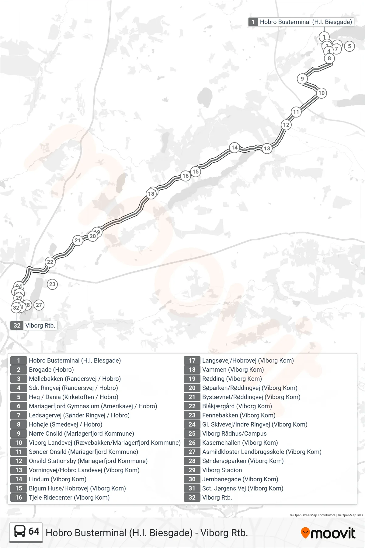 64 bus Linje (Viborg Rtb.) rute og stop på et kort