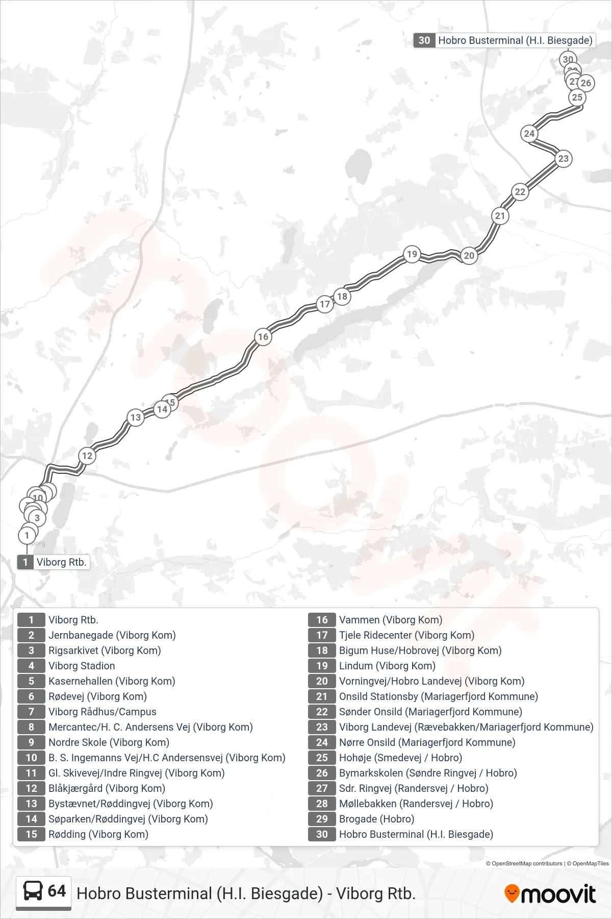 64 bus Linje (Hobro Busterminal) rute og stop på et kort