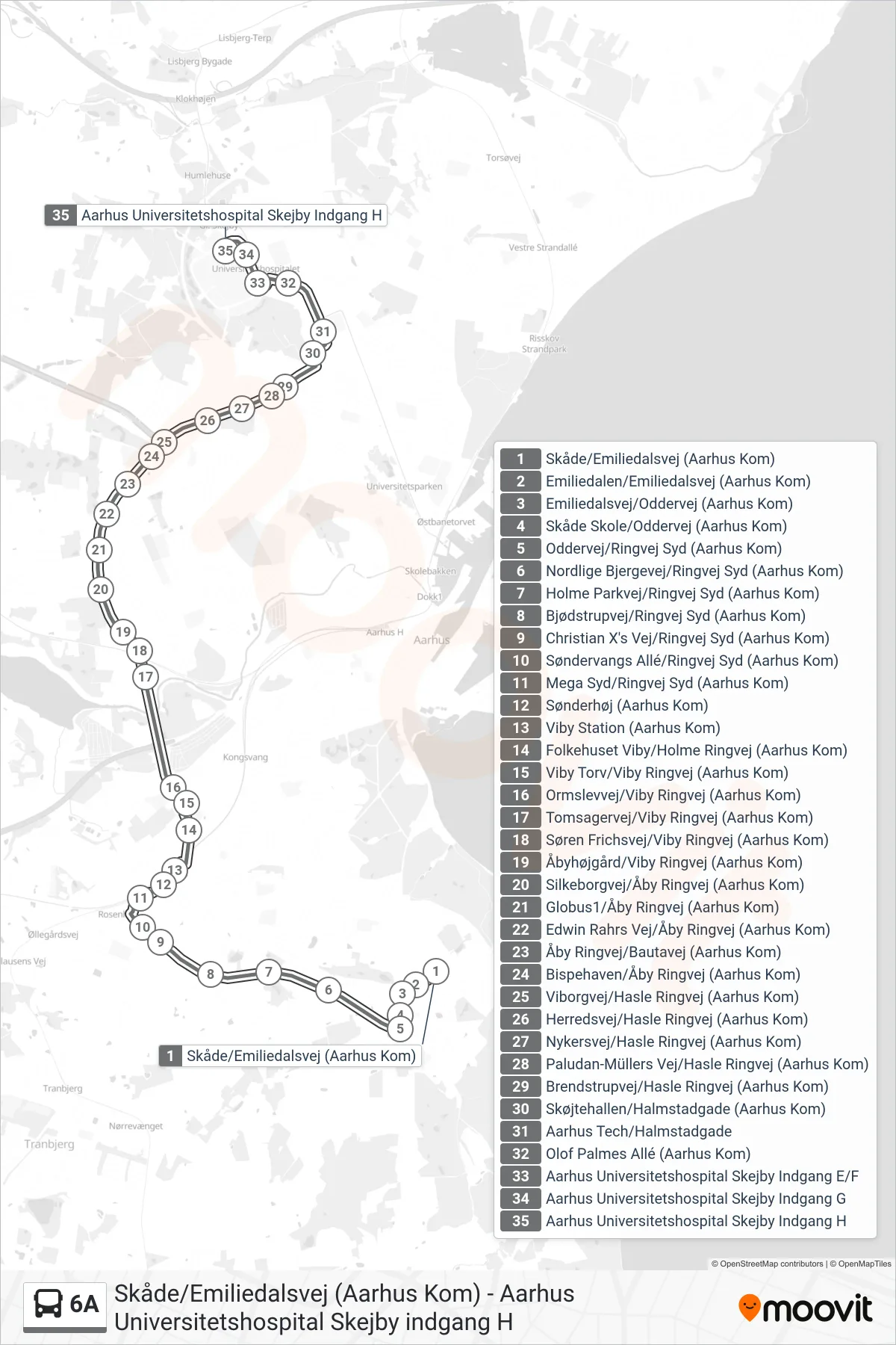 6A bus Line (Auh Skejby) route and stops on a map