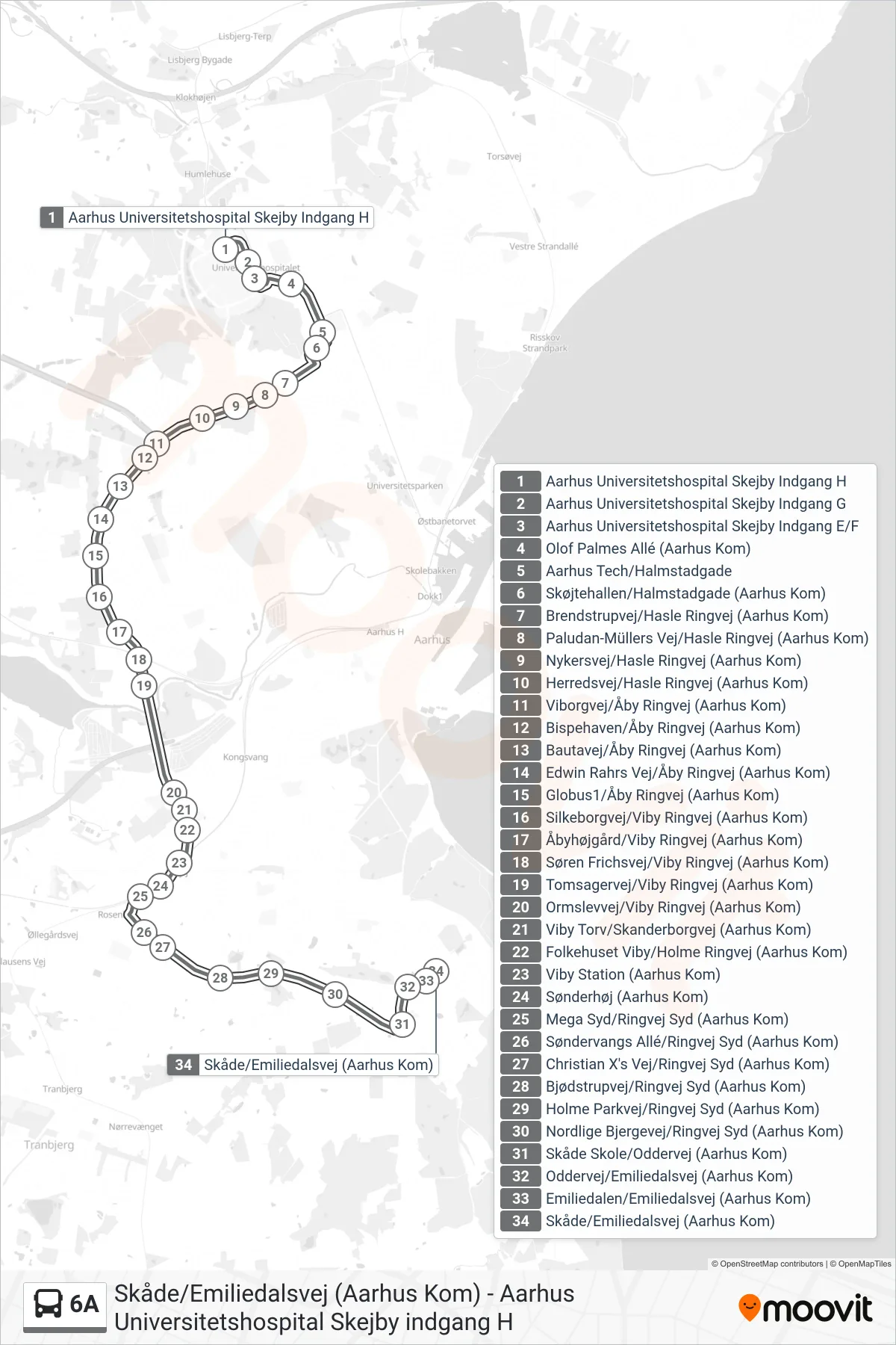 6A bus Linje (Skåde) rute og stop på et kort