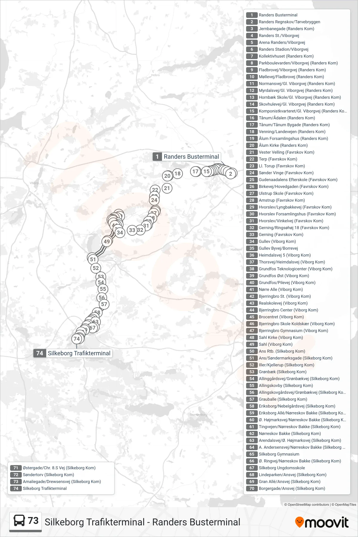 73 bus Linje (Silkeborg Trafikterminal) rute og stop på et kort
