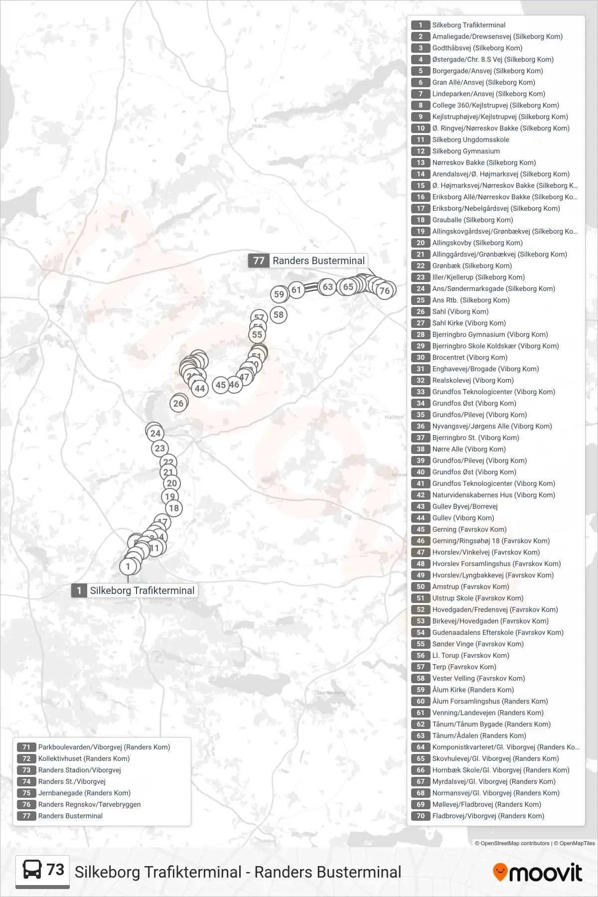 73 bus Line (Randers Busterminal) route and stops on a map