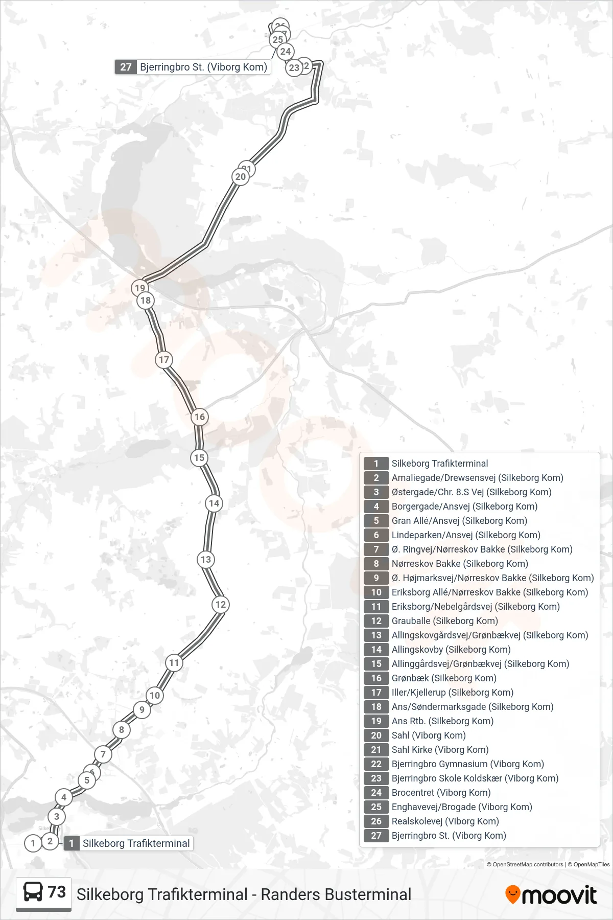 73 bus Linje (Bjerringbro St. (Viborg Kom)) rute og stop på et kort