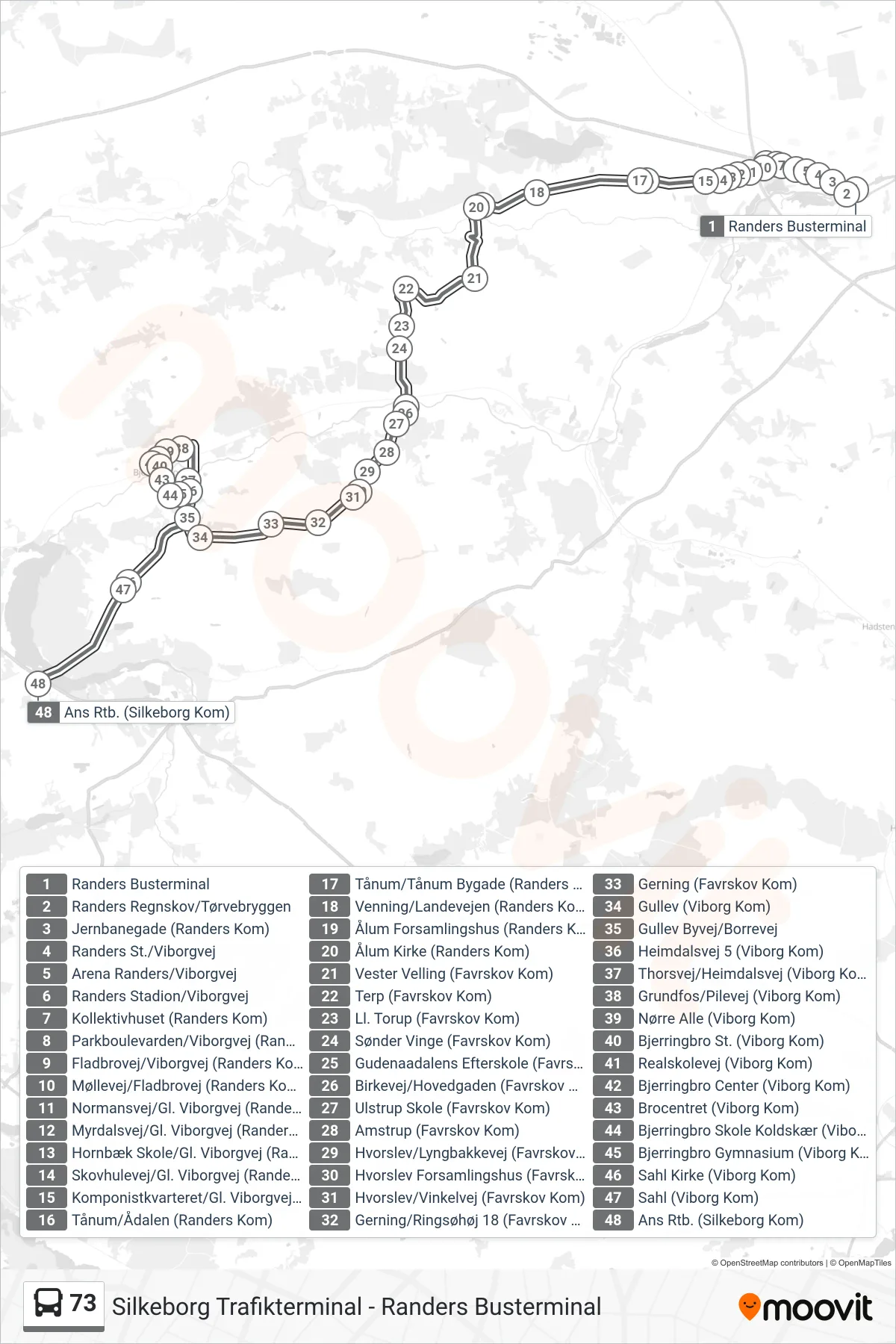 73 bus Linje (Ans Rtb. (Silkeborg Kom)) rute og stop på et kort