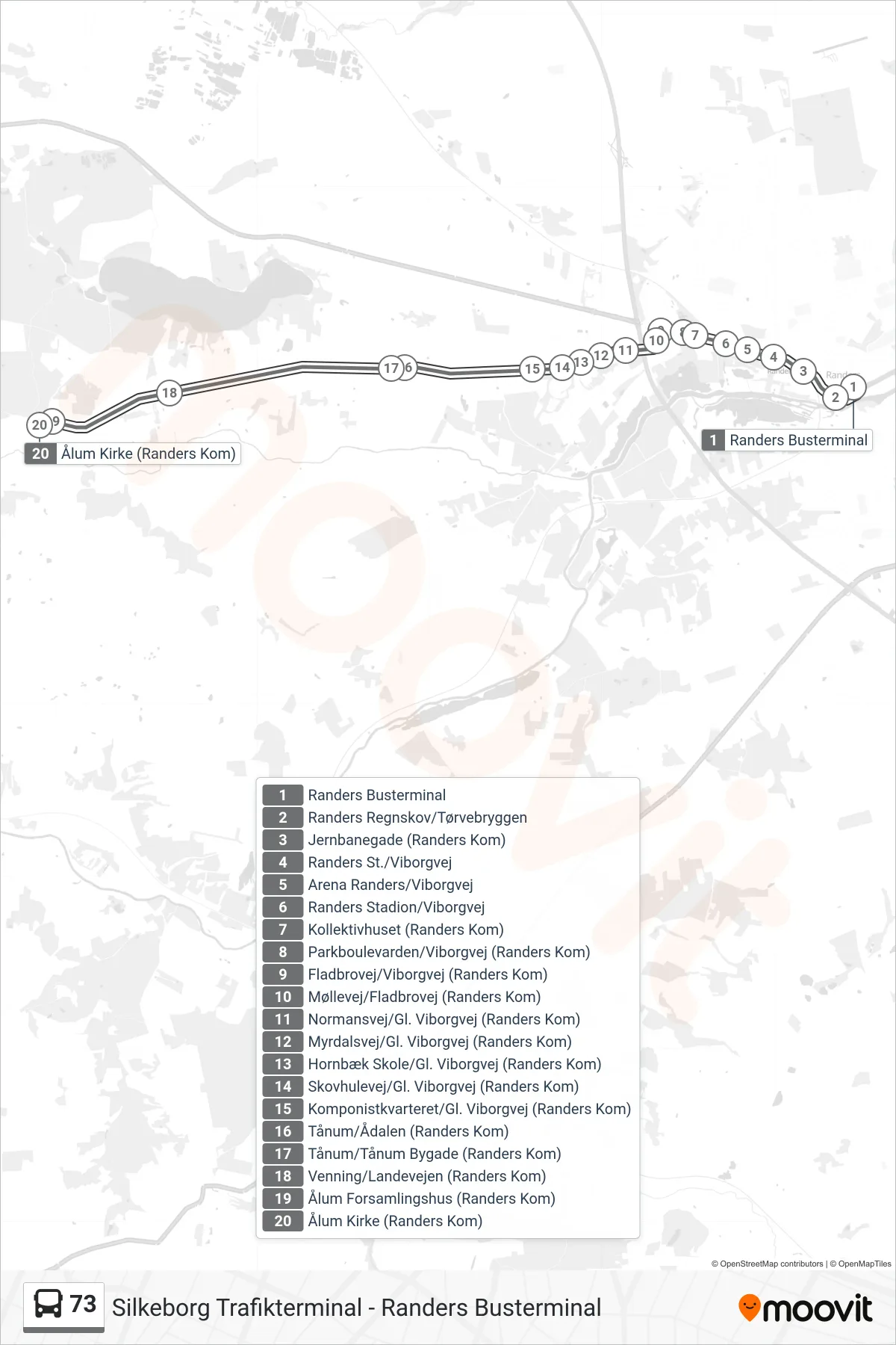 73 bus Linje (Ålum Kirke (Randers Kom)) rute og stop på et kort