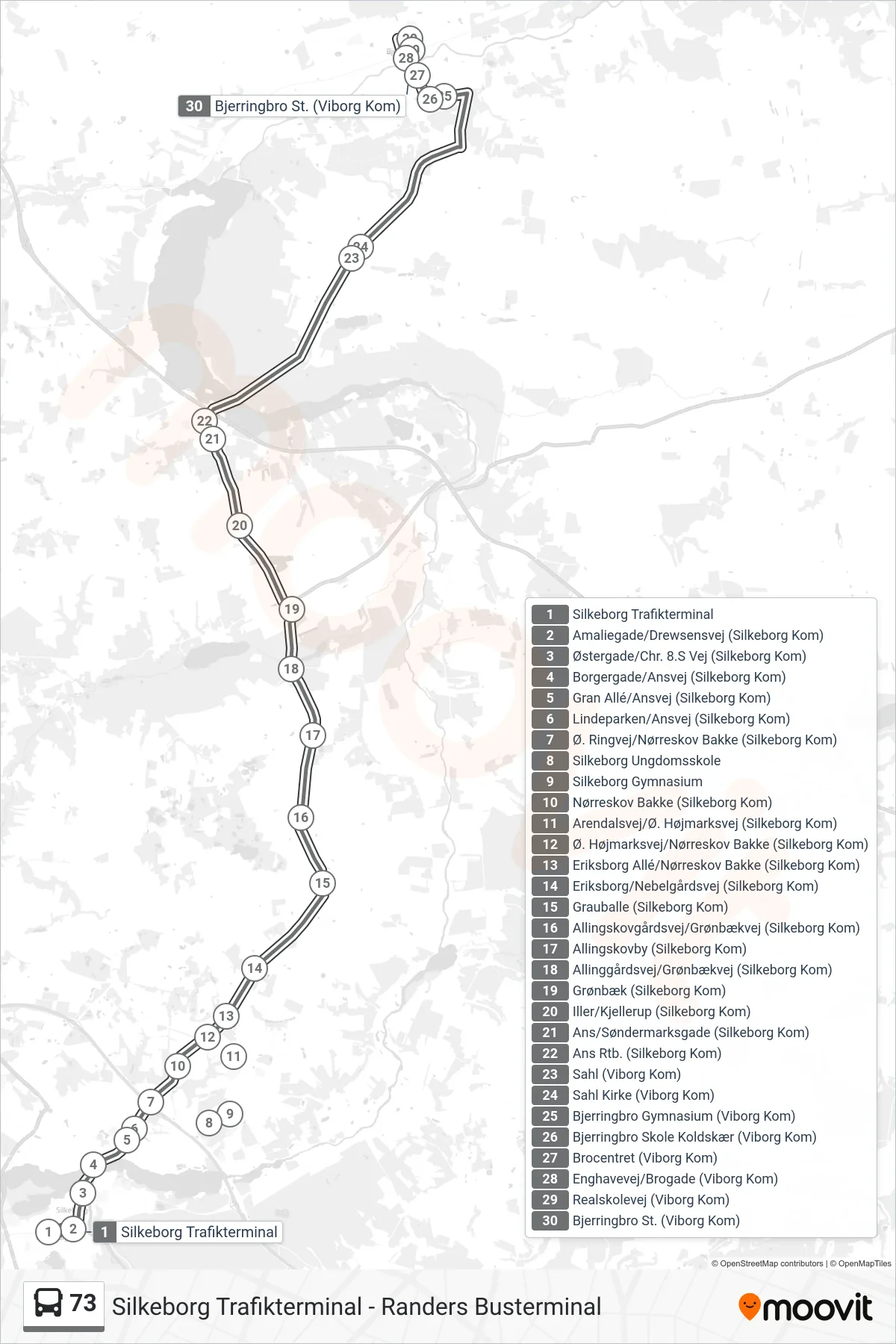 73 bus Linje (Bjerringbro St.) rute og stop på et kort