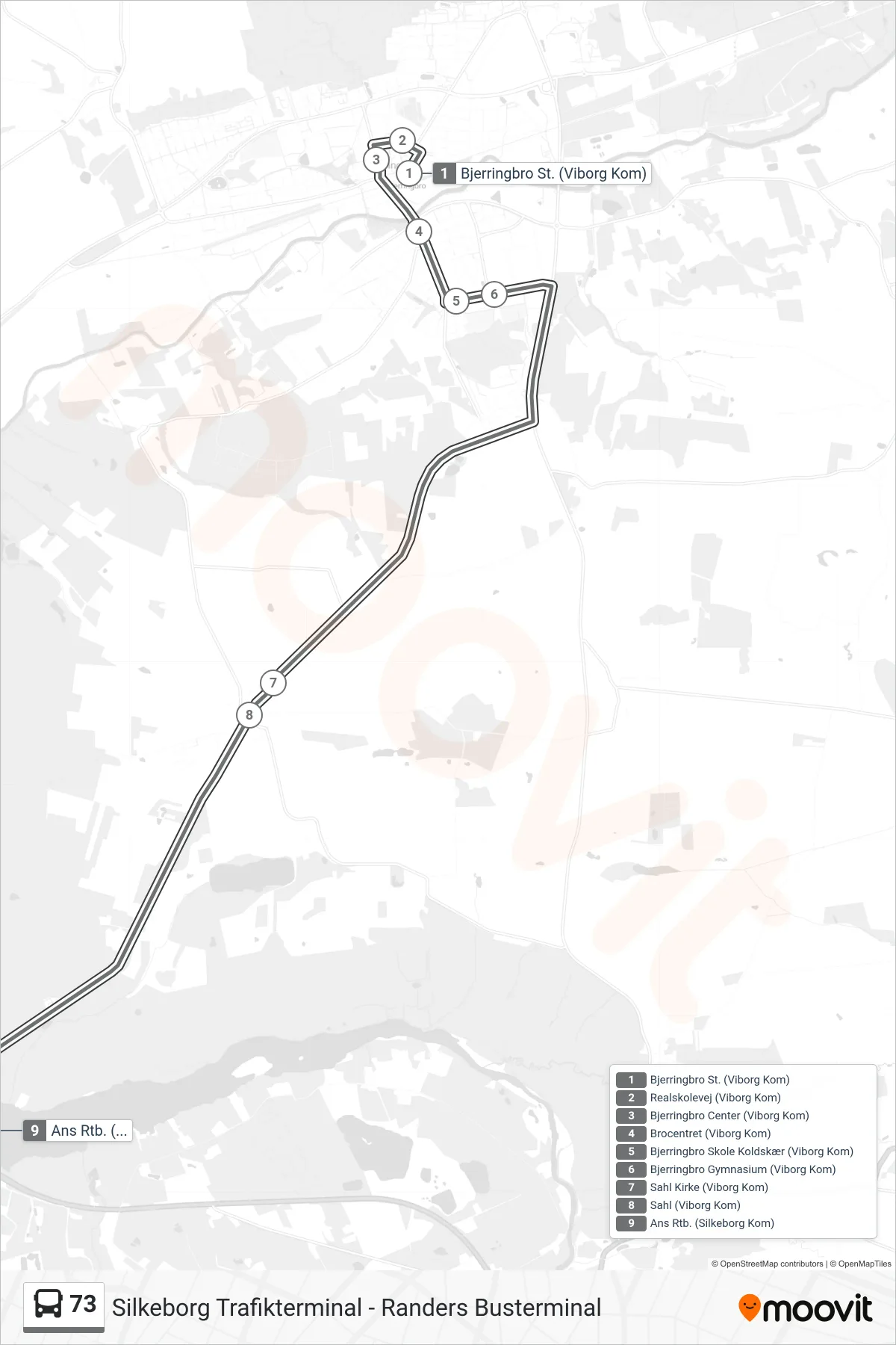 73 bus Line (Ans Rtb.) route and stops on a map